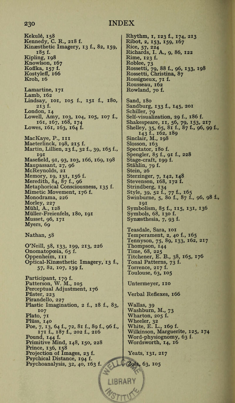 Kekule, 158 Kennedy, G. R., 218 f. Kinaesthetic Imagery, 13 f., 82, 159, 185 f. Kipling, 198 Knowlson, 167 Koffka, 157 f. Kostyleff, 166 Kroh, 16 Lamartine, 171 Lamb, 162 Lindsay, 101, 105 f., 151 f., 180, 213 f. London, 14 Lowell, Amy, 103, 104, 105, 107 f., 161, 167, 168, 174 Lowes, 161, 163, 164 f. MacKaye, P., in Maeterlinck, 198, 215 f. Martin, Lillien, 23 f., 32 f., 39, 165 f., 191 Masefield, 91, 93, 103, 166, 169, 198 Maupassant, 27, 96 McReynolds, 21 Memory, 19, 131, 156 f. Meredith, 84, 87 f., 96 Metaphorical Consciousness, 135 f. Mimetic Movement, 176 f. Monodrama, 226 Morley, 227 Muhl, A., 128 Miiller-Freienfels, 180, 191 Musset, 96, 171 Myers, 69 Nathan, 58 O’Neill, 58, 133, 199, 213, 226 Onomatopoeia, 65 f. Oppenheim, in Optical-Kinaesthetic Imagery, 13 f., 57, 82, 107, 159 f. Participant, 179 f. Patterson, W. M., 105 Perceptual Adjustment, 176 Pfister, 223 Pirandello, 227 Plastic Imagination, 2 f., 18 f., 83, 107 Plato, 71 Pliiss, 140 Poe, 7, 13, 64 f., 72, 81 f., 89 f., 96 f., 171 f., 187 f., 202 f., 216 Pound, 144 f. Primitive Mind, 148, 150, 228 Prince, 136, 158 Projection of Images, 23 f. Psychical Distance, 194 f. Rhythm, 1, 123 f., 174, 213 Ribot, 2, 153, 159, 167 Rice, 57, 224 Richards, I. A,, 9, 86, 122 Rime, 123 f. Roblee, 73 Rossetti, 79, 88 f., 96, 133, 198 Rossetti, Christina, 87 Rossigneux, 71 f. Rousseau, 162 Rowland, 70 f. Sand,180 Sandburg, 133 f., 145, 201 Schiller, 79 Self-visualization, 29 f., 186 f. Shakespeare, n, 56, 79, 153, 217 Shelley, 35, 65, 81 f., 87 f., 96, 99 U 143 f., 162, 189 Sinclair, M., 198 Slosson, 163 Spectator, 180 f. Spengler, 85 f., 91 f., 228 Stage-craft, 199 f. Stahlin, 79 f. Stein, 26 Sterzinger, 7, 142, 148 Stevenson, 168, 172 f. Strindberg, 134 Style, 39, 52 f., 77 f., 165 Swinburne, 5, 80 f., 87 f., 96, 98 f., 191 Symbolism, 85 f., 115, 131, 136 Symbols, 68, 130 f. Synaesthesia, 7, 93 f. Teasdale, Sara, 101 Temperament, 2, 40 f., 165 Tennyson, 75, 89, 133, 162, 217 Thompson, 144 Time, 68, 225 Titchener, E. B., 38, 165, 176 Tonal Patterns, 73 f. Torrence, 217 f. Toulouse, 63, 105 Untermeyer, no Verbal Reflexes, 166 Wallas, 39 Washburn, M., 73 Wharton, 205 f. Wheeler, 32 White, E. L., 169 f. Wilkinson, Marguerite, 125, 174 Word-physiognomy, 63 f. Wordsworth, 14, 16 Yeats, '131, 217