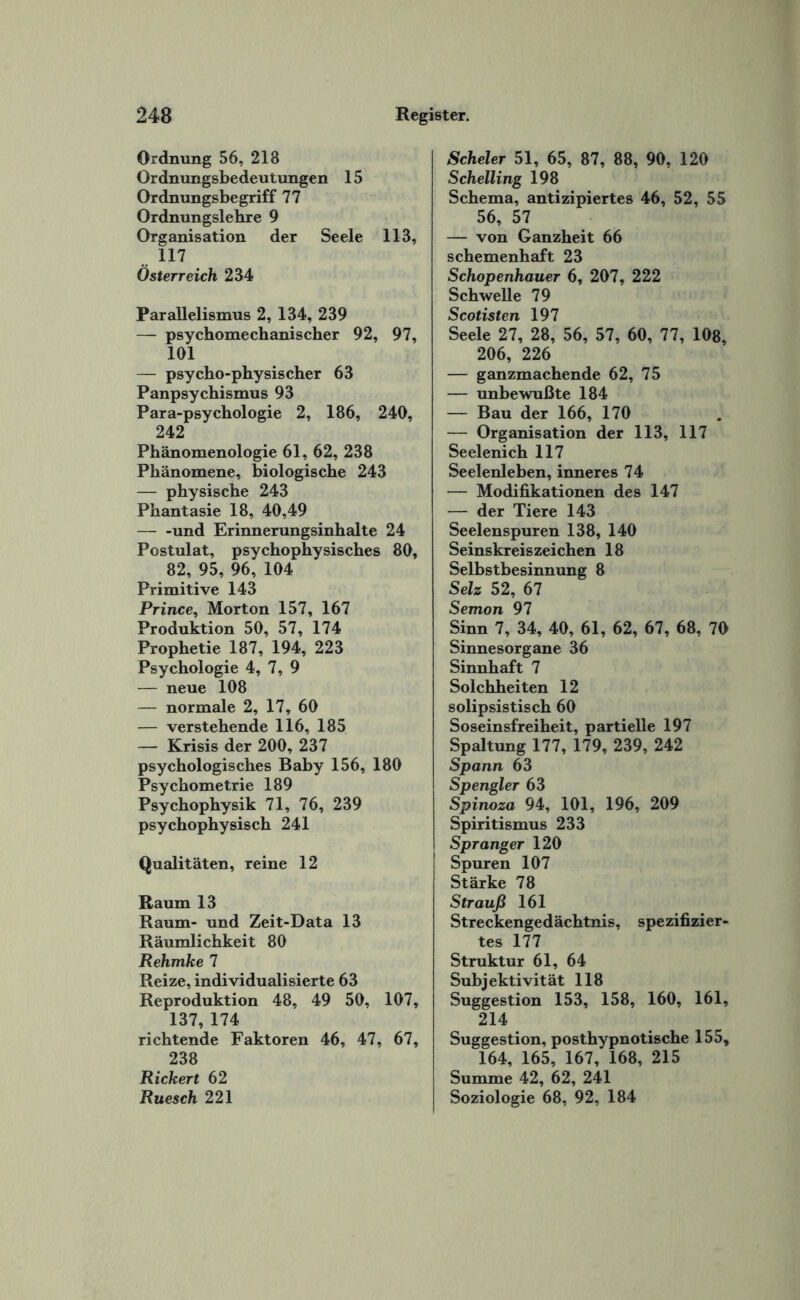 Ordnung 56, 218 Ordnungsbedeutungen 15 Ordnungsbegriff 77 Ordnungslebre 9 Organisation der Seele 113, .. 117 Österreich 234 Parallelismus 2, 134, 239 — psychomechanischer 92, 97, 101 — psycho-physischer 63 Panpsychismus 93 Para-psychologie 2, 186, 240, 242 Phänomenologie 61, 62, 238 Phänomene, biologische 243 — physische 243 Phantasie 18, 40,49 — -und Erinnerungsinhalte 24 Postulat, psychophysisches 80, 82, 95, 96, 104 Primitive 143 Prince, Morton 157, 167 Produktion 50, 57, 174 Prophetie 187, 194, 223 Psychologie 4, 7, 9 — neue 108 — normale 2, 17, 60 — verstehende 116, 185 — Krisis der 200, 237 psychologisches Baby 156, 180 Psychometrie 189 Psychophysik 71, 76, 239 psychophysisch 241 Qualitäten, reine 12 Raum 13 Raum- und Zeit-Data 13 Räumlichkeit 80 Rehmke 7 Reize, individualisierte 63 Reproduktion 48, 49 50, 107, 137, 174 richtende Faktoren 46, 47, 67, 238 Richert 62 Ruesch 221 Scheler 51, 65, 87, 88, 90, 120 Schelling 198 Schema, antizipiertes 46, 52, 55 56, 57 — von Ganzheit 66 schemenhaft 23 Schopenhauer 6, 207, 222 Schwelle 79 Scotisten 197 Seele 27, 28, 56, 57, 60, 77, 108, 206, 226 — ganzmachende 62, 75 — unbewußte 184 — Bau der 166, 170 — Organisation der 113, 117 Seelenich 117 Seelenleben, inneres 74 — Modifikationen des 147 — der Tiere 143 Seelenspuren 138, 140 Seinskreis Zeichen 18 Selbstbesinnung 8 Selz 52, 67 Semon 97 Sinn 7, 34, 40, 61, 62, 67, 68, 70 Sinnesorgane 36 Sinnhaft 7 Solchheiten 12 solipsistisch 60 Soseinsfreiheit, partielle 197 Spaltung 177, 179, 239, 242 Spann 63 Spengler 63 Spinoza 94, 101, 196, 209 Spiritismus 233 Spranger 120 Spuren 107 Stärke 78 Strauß 161 Streckengedächtnis, spezifizier¬ tes 177 Struktur 61, 64 Subjektivität 118 Suggestion 153, 158, 160, 161, 214 Suggestion, posthypnotische 155, 164, 165, 167, 168, 215 Summe 42, 62, 241 Soziologie 68, 92, 184