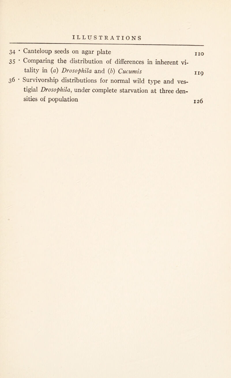 34 • Canteloup seeds on agar plate 35 • Comparing the distribution of differences in inherent vi- tality in (a) Drosophila and (b) Cucumis 36 • Survivorship distributions for normal wild type and ves- tigial Drosophila, under complete starvation at three den- sities of population no 119 126