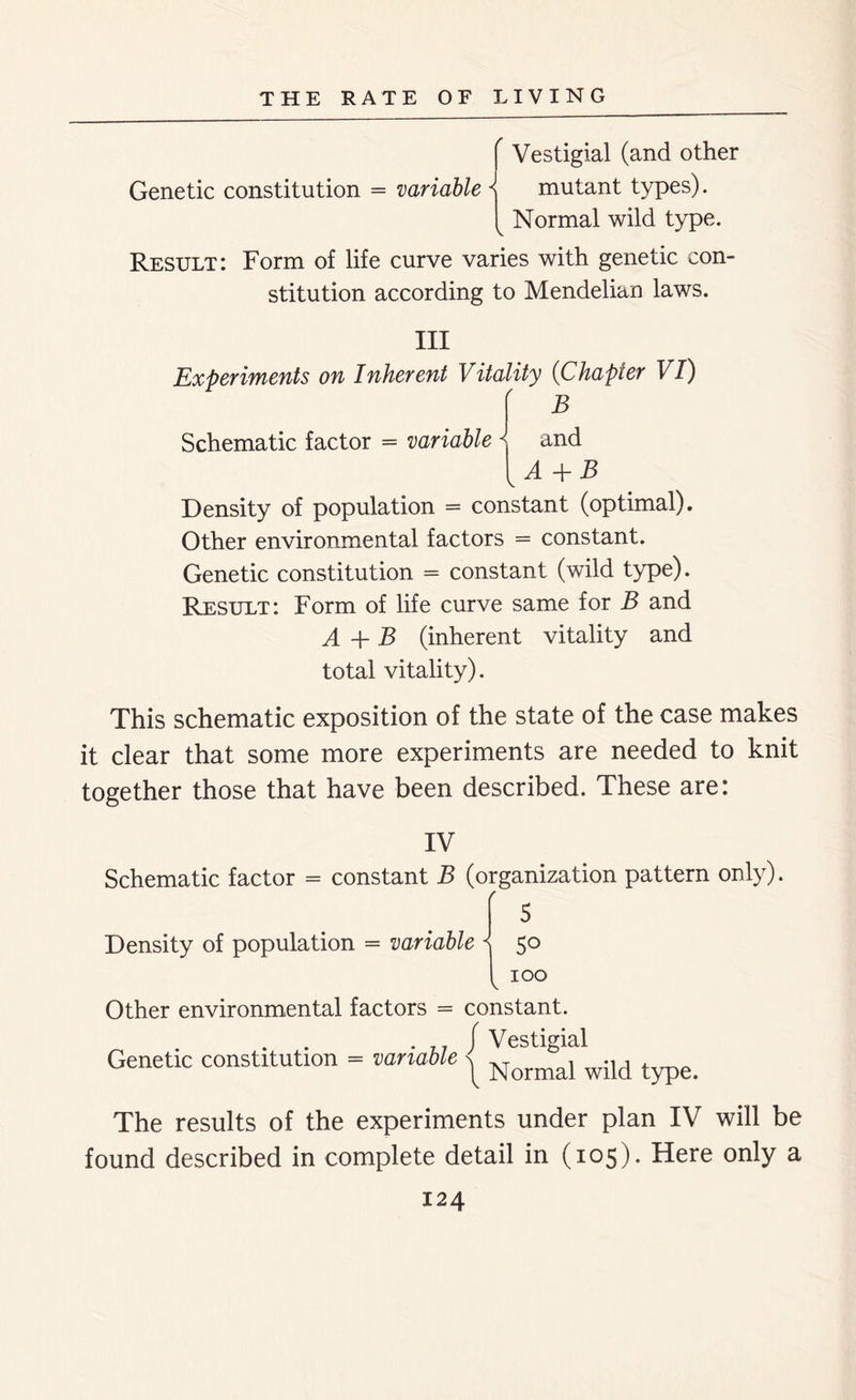  Vestigial (and other Genetic constitution = variable < mutant types). ^ Normal wild type. Result: Form of life curve varies with genetic con- stitution according to Mendelian laws. Ill Experiments on Inherent Vitality (Chapter VI) Schematic factor = variable < and A + B Density of population = constant (optimal). Other environmental factors = constant. Genetic constitution = constant (wild type). Result: Form of life curve same for B and A+B (inherent vitality and total vitality). This schematic exposition of the state of the case makes it clear that some more experiments are needed to knit together those that have been described. These are: IV Schematic factor = constant B (organization pattern only). r 5 Density of population = variable s 50 ( 100 Other environmental factors = constant. . / Vestigial Genetic constitution = variable ^ Normal wM type. The results of the experiments under plan IV will be found described in complete detail in (105). Here only a