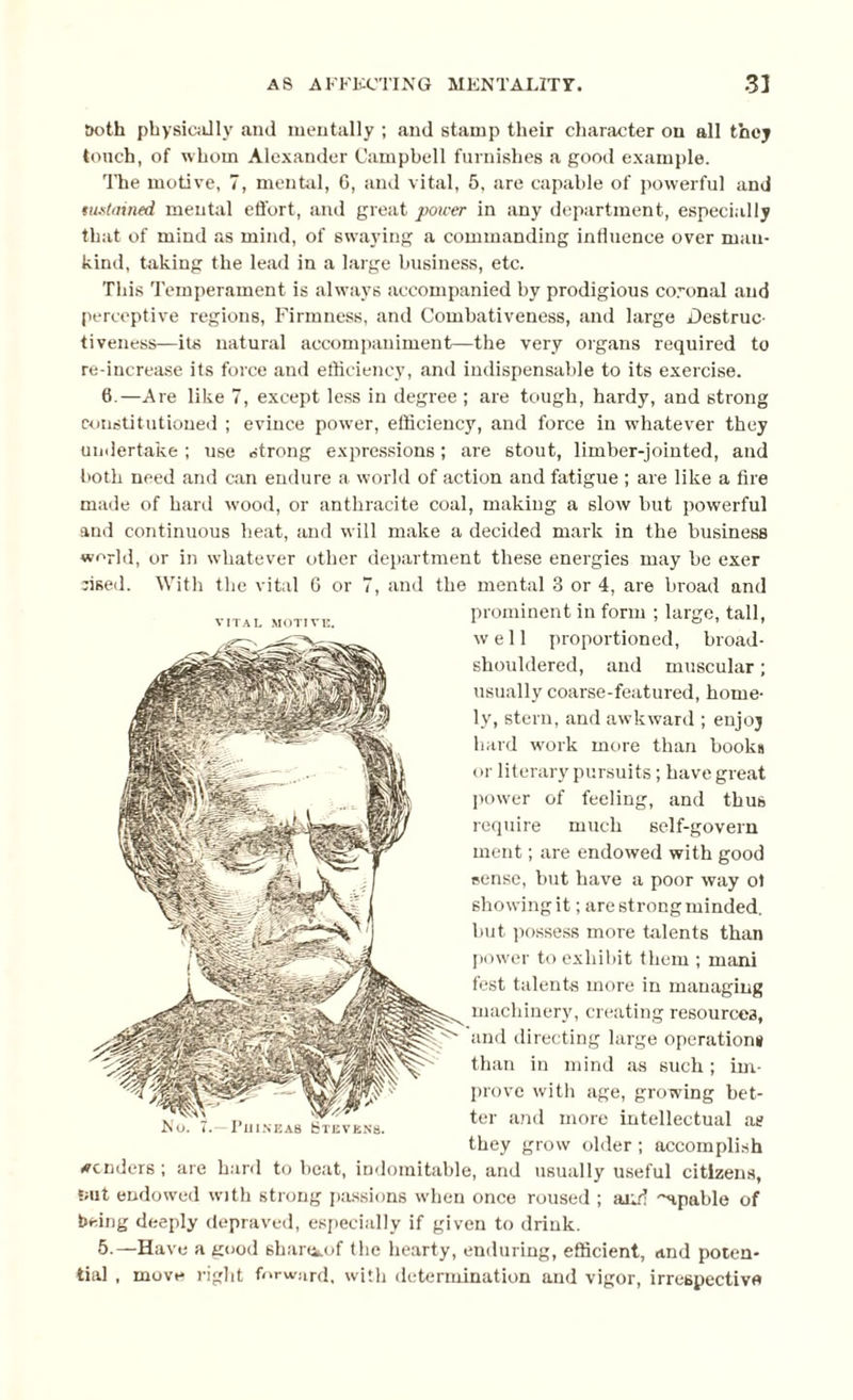Doth physically and mentally ; and stamp their character on all they touch, of whom Alexander Campbell furnishes a good example. The motive, 7, mental, 6, and vital, 5, are capable of powerful and tuslained mental effort, and great power in any department, especially that of mind as mind, of swaying a commanding influence over man¬ kind, taking the lead in a large business, etc. This Temperament is always accompanied by prodigious coronal and perceptive regions, Firmness, and Combativeness, and large Destruc¬ tiveness—its natural accompaniment—the very organs required to re-increase its force and efficiency, and indispensable to its exercise. 6.—Are like 7, except less in degree ; are tough, hardy, and strong constitutioned ; evince power, efficiency, and force in whatever they undertake ; use strong expressions; are stout, limber-jointed, and both need and can endure a world of action and fatigue ; are like a fire made of hard wood, or anthracite coal, making a slow but powerful and continuous heat, and will make a decided mark in the business world, or in whatever other department these energies may be exer fised. With the vital 6 or 7, and the mental 3 or 4, are broad and prominent in form ; large, tall, well proportioned, broad- shouldered, and muscular; usually coarse-featured, home¬ ly, stern, and awkward ; enjoj hard work more than book# or literary pursuits; have great power of feeling, and thus require much self-govern ment; are endowed with good sense, but have a poor way of showing it; are strong minded, but possess more talents than power to exhibit them ; mani fest talents more in managing machinery, creating resources, and directing large operations than in mind as such; im¬ prove with age, growing bet¬ ter and more intellectual as they grow older; accomplish VITAL MOTIVE. No. 7. Pui.neas Stevens. .venders; are hard to beat, indomitable, and usually useful citizens, but endowed with strong passions when once roused ; and ■'apable of being deeply depraved, especially if given to drink. 5.—Have a good shankof the hearty, enduring, efficient, and poten¬ tial , move right forward, with determination and vigor, irrespective
