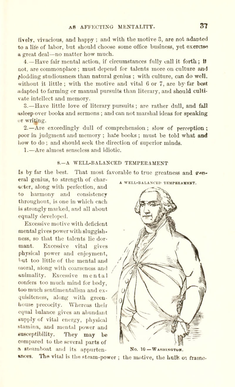 lively, vivacious, and happy ; and with the motive 3, are not adapted to a life of labor, hut should choose some office business, yet exercise a great deal—no matter how much. 4.—Have fair mental action, if circumstances fully call it forth; U not, are commonplace ; must depend for talents more on culture and plodding studiousness than natural genius ; with culture, can do well, without it little; with the motive and vital 6 or 7, are by far best adapted to farming or manual pursuits than literary, and should culti¬ vate intellect and memory. 3.—Have little love of literary pursuits; are rather dull, and fall asleep over books and sermons ; and can not marshal ideas for speaking or wri^ng. 2.—Are exceedingly dull of comprehension; slow of perception ; poor in judgment and memory ; hate books ; must be told what and how to do ; and should seek the direction of superior minds. 1.—Are almost senseless and idiotic. 8.—A WELL-BALANCED TEMPERAMENT Is by far the best. That most favorable to true greatness and er*r»- eral genius, to strength of char¬ acter, along with perfection, and to harmony and consistency throughout, is one in which each is strongly marked, and all about equally developed. Excessive motive with deficient mental gives power with sluggish¬ ness, so that the talents lie dor¬ mant. Excessive vital gives physical power and enjoyment, hut too little of the mental and moral, along with coarseness and animality. Excessive mental confers too much mind for body, too much sentimentalism and ex¬ quisiteness, along with green¬ house precocity. Whereas their equal balance gives an abundant supply of vital energy, physical stamina, and mental power and susceptibility. They may be compared to the several parts of a steamboat and its appurten¬ ances. The vital is the steam-power ; the motive, the hulk oi frame- A WEI.L-B ALA NCEP TEMPEBAMEKT.