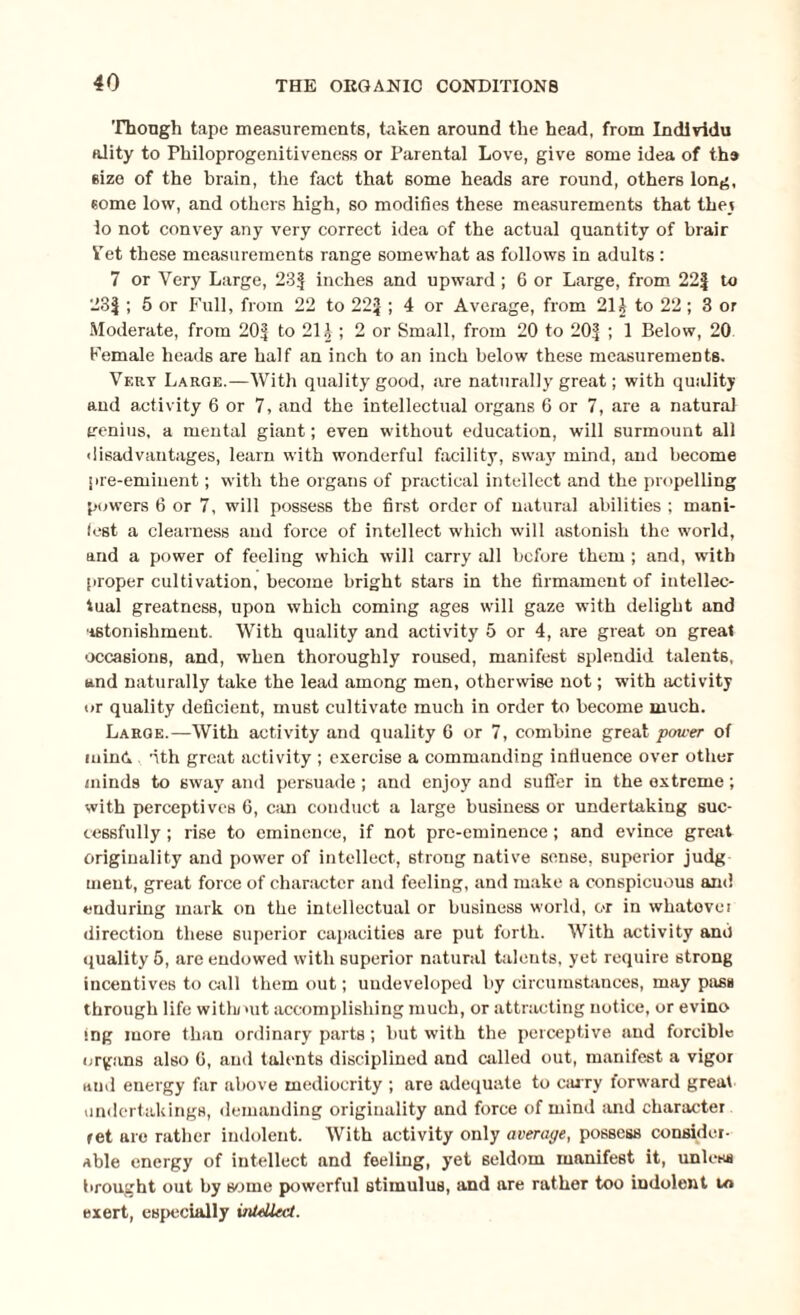 Though tape measurements, taken around the head, from Indlvidu ality to Philoprogenitiveness or Parental Love, give some idea of tha size of the brain, the fact that some heads are round, others long, some low, and others high, so modifies these measurements that they lo not convey any very correct idea of the actual quantity of brair Pet these measurements range somewhat as follows in adults : 7 or Very Large, 23ij inches and upward; 6 or Large, from 22f to 23J ; 5 or Full, from 22 to 22J ; 4 or Average, from 21 £ to 22; 3 or Moderate, from 20$ to 211; 2 or Small, from 20 to 20:] ; 1 Below, 20 Female heads are half an inch to an inch below these measurements. Vert Large.—With quality good, are naturally great; with quality and activity 6 or 7, and the intellectual organs 6 or 7, are a natural genius, a mental giant; even without education, will surmount all disadvantages, learn with wonderful facility, sway mind, and become pre-eminent; with the organs of practical intellect and the propelling powers 6 or 7, will possess the first order of natural abilities ; manl¬ iest a clearness and force of intellect which will astonish the world, and a power of feeling which will carry all before them ; and, with proper cultivation, become bright stars in the firmament of intellec¬ tual greatness, upon which coming ages will gaze with delight and astonishment. With quality and activity 5 or 4, are great on great occasions, and, when thoroughly roused, manifest splendid talents, and naturally take the lead among men, otherwise not; with activity or quality deficient, must cultivate much in order to become much. Large.—With activity and quality 6 or 7, combine great power of luinh 'ith great activity ; exercise a commanding influence over other minds to sway and persuade; and enjoy and sutler in the extreme; with perceptives 6, can conduct a large business or undertaking suc¬ cessfully ; rise to eminence, if not pre-eminence; and evince great originality and power of intellect, strong native sense, superior judg ment, great force of character and feeling, and make a conspicuous and enduring mark on the intellectual or business world, c-r in whatever direction these superior capacities are put forth. With activity and quality 5, are endowed with superior natural talents, yet require strong incentives to call them out; undeveloped by circumstances, may pass through life with/ nit accomplishing much, or attracting notice, or evino !ng more than ordinary parts; but with the perceptive and forcible organs also G, and talents disciplined and called out, manifest a vigor and energy far above mediocrity ; are adequate to carry forward great undertakings, demanding originality and force of mind and character ret are rather indolent. With activity only average, possess consider¬ able energy of intellect and feeling, yet seldom manifest it, unless brought out by some powerful stimulus, and are rather too indolent 10 exert, especially intellect.