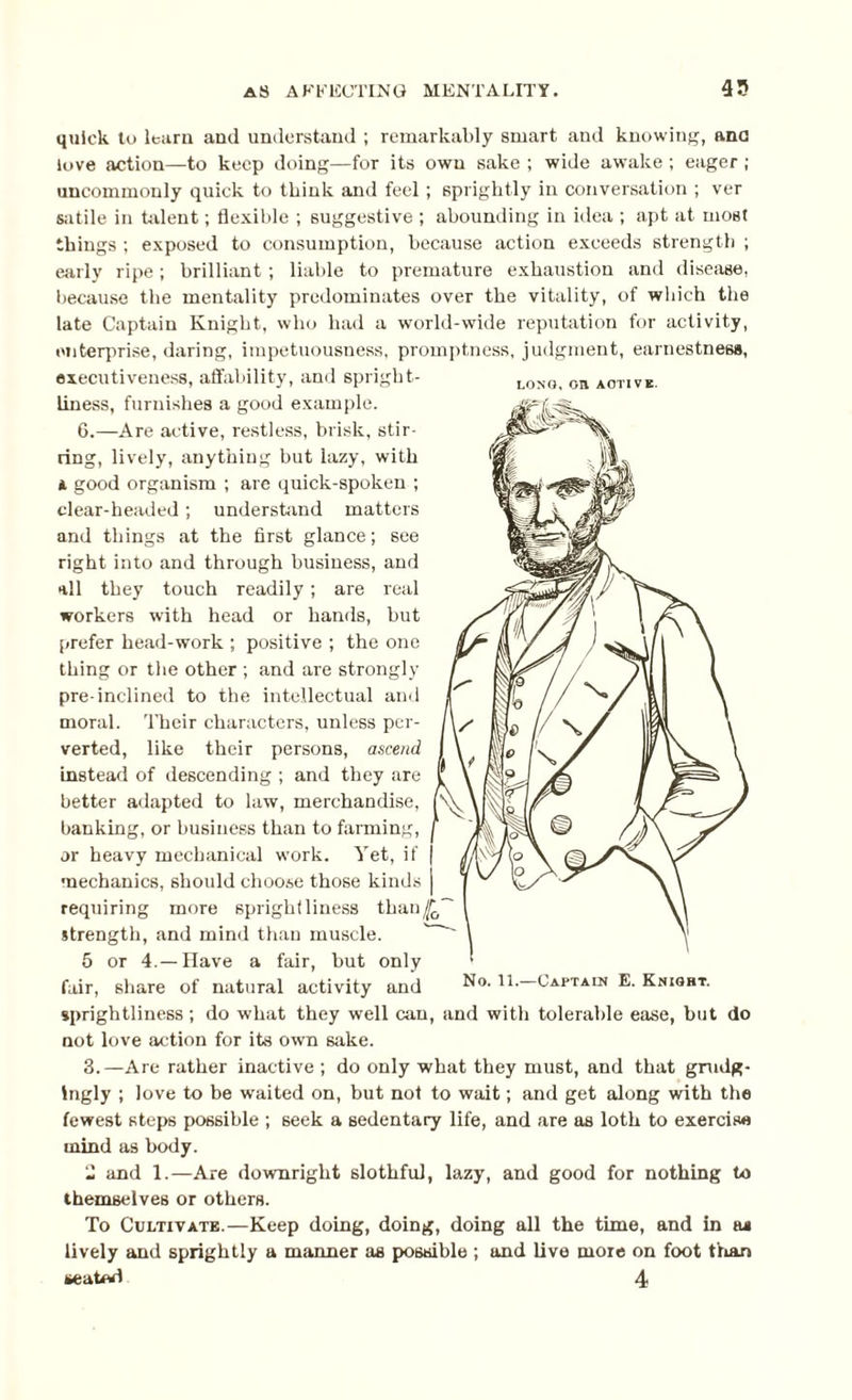 LONG, on ACTIVE. quick to learn and understand ; remarkably smart and knowing, ana love action—to keep doing—for its own sake ; wide awake; eager; uncommonly quick to think and feel; sprightly in conversation ; ver satile in talent; flexible ; suggestive ; abounding in idea ; apt at most things ; exposed to consumption, because action exceeds strength ; early ripe; brilliant ; liable to premature exhaustion and disease, because the mentality predominates over the vitality, of which the late Captain Knight, who had a world-wide reputation for activity, enterprise, daring, impetuousness, promptness, judgment, earnestness, executiveness, affability, and spright¬ liness, furnishes a good example. 6.—Are active, restless, brisk, stir¬ ring, lively, anything but lazy, with a good organism ; are quick-spoken ; clear-headed; understand matters and things at the first glance; see right into and through business, and all they touch readily; are real workers with head or hands, but prefer head-work ; positive ; the one thing or the other ; and are strongly pre-inclined to the intellectual and moral. Their characters, unless per¬ verted, like their persons, ascend instead of descending ; and they are better adapted to law, merchandise, banking, or business than to farming, or heavy mechanical work. Yet, if mechanics, should choose those kinds requiring more spriglilliness than/£,' strength, and mind than muscle. 5 or 4.—Have a fair, but only fair, share of natural activity and No- lb—Captain E. Knight. sprightliness ; do what they well can, and with tolerable ease, but do not love action for its own sake. 3.—Are rather inactive ; do only what they must, and that grudg¬ ingly ; love to be waited on, but not to wait; and get along with the fewest steps possible ; seek a sedentary life, and are as loth to exercise mind as body. » and 1.—Are downright slothful, lazy, and good for nothing to themselves or others. To Cultivate.—Keep doing, doing, doing all the time, and in &i lively and sprightly a manner as possible ; and live more on foot than seated 4