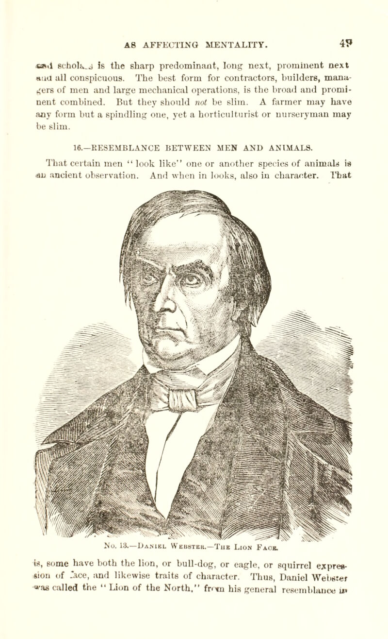 4T» c*.l scholar is the sharp predominant, long next, prominent next huu all conspicuous. The best form for contractors, builders, mana¬ gers of men and large mechanical operations, is the broad and promi¬ nent combined. But they should not be slim. A farmer may have any form but a spindling one, yet a horticulturist or nurseryman may be slim. 16.—RESEMBLANCE BETWEEN MEN AND ANIMALS. That certain men “ look like” one or another species of animals is an ancient observation. And when in looks, also in character. That - - 1Y// -- No. 13.—Daniel Wkusteii.—Tub Lion Faob. is, some have both the lion, or bull-dog, or eagle, or squirrel expres¬ sion of .ace, and likewise traits of character. Thus, Daniel Webster was called the “ Lion of the North,” fr<xn his general resemblance u>