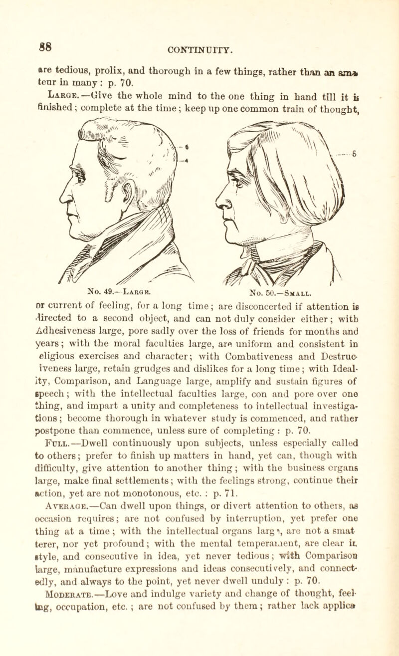 are tedious, prolix, and thorough in a few things, rather than an am* tenr in many : p. 70. Large.—Give the whole mind to the one thing in hand till it ii finished ; complete at the time; keep up one common train of thought, — 6 No. 49.— Largk. No. 50.—Small. or current of feeling, for a long time; are disconcerted if attention is directed to a second object, and can not duly consider either; with Adhesiveness large, pore sadly over the loss of friends for months and years; with the moral faculties large, are uniform and consistent in eligious exercises and character; with Combativeness and Destruc- iveness large, retain grudges and dislikes for a long time; with Ideal¬ ity, Comparison, and Language large, amplify and sustain figures of speech; with the intellectual faculties large, con and pore over one thing, aud impart a unity and completeness to intellectual investiga¬ tions ; become thorough in whatever study is commenced, and rather postpone than commence, unless sure of completing : p. 70. Full.—Dwell continuously upon subjects, unless especially called to others; prefer to finish up matters in hand, yet can, though with difficulty, give attention to another thing; with the business organs large, make final settlements; with the feelings strong, continue their action, yet are not monotonous, etc. : p. 71. Average.—Can dwell upon things, or divert attention to others, as occasion requires; are not confused by interruption, yet prefer one thing at a time; with the intellectual organs larg % are not a smat terer, nor yet profound; with the mental temperament, are clear in style, and consecutive in idea, yet never tedious; with Comparison large, manufacture expressions and ideas consecutively, and connect¬ edly, and always to the point, yet never dwell unduly : p. 70. Moderate.—Love and indulge variety and change of thought, feel¬ ing, occupation, etc. ; are not confused by them; rather lack applies