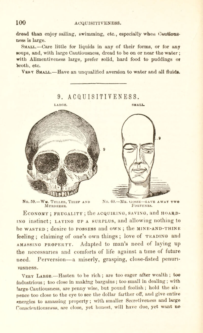 dread than enjoy sailing, swimming, etc., especially when Cautious¬ ness is large. Small.—Care little for liquids in any of their forms, or for any soups, and, with large Cautiousness, dread to be on or near the water ; with Alimentiveness large, prefer solid, hard food to puddings or broth, etc. Very Small.—Have an unqualified aversion to water and all fluids. 9. ACQUISITIVENESS. LARGE. BM ALL. 9 No. 59.—Wm. Teller, Tiiief and No. CO.—Mr. Uossk—gave away two Murderer. Fortunes. Economy ; frugality ; the acquiring, saving, and hoard¬ ing instinct; laying up a surplus, and allowing nothing to he wasted ; desire to possess and own ; the mine-and-thine feeling ; claiming of one’s own things ; love of trading and amassing property. Adapted to man’s need of laying up the necessaries and comforts of life against a time ol iuture need. Perversion—a miserly, grasping, close-fisted penuri- msness. Very Large.—Hasten to be rich ; are too eager after wealth ; too Industrious ; too close in making bargains ; too small in dealing ; with large Cautiousness, are penny wise, but pound foolish ; hold the sii • pence too close to the eye to see the dollar farther off, and give entire energies to amassing property; with smaller Secretiveuess and large Conscientiousness, are close, yet honest, will have due, yet want no