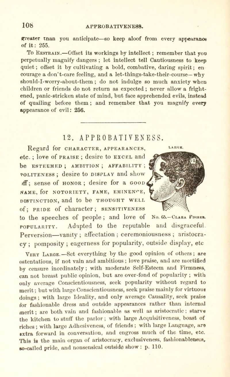 10b APPKOBATIVENE88. greater tnan you anticipate—60 keep aloof from every appearance of it: 255. To Restrain.—Offset its workings by intellect; remember that you perpetually magnify dangers ; let intellect tell Cautiousness to keep quiet; offset it by cultivating a bold, combative, daring spirit; en courage a don’t-care feeling, and a let-things-take-their-course—why should-I-worry-about-them ; do not indulge so much anxiety when children or friends do not return as expected ; never allow a fright¬ ened, panic-stricken state of mind, but face apprehended evils, instead of quailing before them; and remember that you magnify every appearance of evil: 256. 12. APPROBATIVENESS. Regard for character, appearances, etc. ; love of praise ; desire to excel and be ESTEEMED ; AMBITION ; AFFABILITY ; politeness ; desire to display and show iff; sense of honor; desire for a good name, for notoriety, fame, eminence, distinction, and to be thought well of; pride of character; sensitiveness to the speeches of people; and love of No. gs.-Claba Fishk*. popularity. Adapted to the reputable and disgraceful. Perversion—vanity ; affectation ; ceremoniousness ; aristocra¬ cy ; pomposity ; eagerness for popularity, outside display, etc Very Large.—Set everything by the good opinion of others; are ostentatious, if not vain and ambitious ; love praise, and are mortified by censure inordinately; with moderate Self-Esteem and Firmness, can not breast public opinion, but are over-fond of popularity ; with only average Conscientiousness, seek popularity without regard to merit; but with large Conscientiousness, seek praise mainly for virtuous doings; with large Ideality, and only average Causality, seek praise for fashionable dress and outside appearances rather than internal merit; are both vain and fashionable as well as aristocratic; starve the kitchen to stuff the parlor; with large Acquisitiveness, boast of riches; with large Adhesiveness, of friends ; with large Language, are •xtra forward in conversation, and engross much of the time, etc. This is the main organ of aristocracy, exclusiveness, fashionableness, so-called pride, and nonsensical outside Bhow : p. 110.