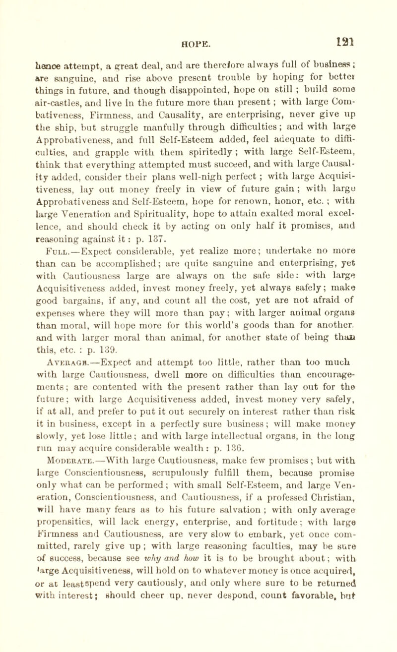 heenoe attempt, a great deal, aud are therefore always full of business; are sanguine, and rise above present trouble by hoping for better things in future, and though disappointed, hope on still ; build some air-castles, and live in the future more than present; with large Com- bativeness, Firmness, and Causality, are enterprising, never give up the ship, but struggle manfully through difficulties; and with large Approbativeness, and full Self-Esteem added, feel adequate to diffi¬ culties, and grapple with them spiritedly; with large Self-Esteem, think that everything attempted must succeed, and with large Causal¬ ity added, consider their plans well-nigh perfect; with large Acquisi¬ tiveness, lay out money freely in view of future gain ; with largo Approbativeness and Self-Esteem, hope for renown, honor, etc. ; with large Veneration and Spirituality, hope to attain exalted moral excel¬ lence, and should check it by acting on only half it promises, and reasoning against it: p. 137. Full.—Expect considerable, yet realize more; undertake no more than can be accomplished; are quite sanguine and enterprising, yet with Cautiousness large are always on the safe side: with large Acquisitiveness added, invest money freely, yet always safely; make good bargains, if any, and count all the cost, yet are not afraid of expenses where they will more than pay; with larger animal organs than moral, will hope more for this world’s goods than for another, and with larger moral than animal, for another state of being than this, etc. : p. 139. Averaqh.—Expect and attempt too little, rather than too much with large Cautiousness, dwell more on difficulties than encourage¬ ments; are contented with the present rather than lay out for the future; with large Acquisitiveness added, invest money very safely, if at all, and prefer to put it out securely on interest rather than risk it in business, except in a perfectly sure business; will make money slowly, yet lose little; and with large intellectual organs, in the long run may acquire considerable wealth : p. 136. Moderate.—With large Cautiousness, make few promises ; but with large Conscientiousness, scrupulously fulfill them, because promise only what can be performed; with small Self-Esteem, and large Ven¬ eration, Conscientiousness, and Cautiousness, if a professed Christian, will have many fears as to his future salvation ; with only average propensities, will lack energy, enterprise, and fortitude; with large Firmness ami Cautiousness, are very slow to embark, yet once com¬ mitted, rarely give up; with large reasoning faculties, may be sure of success, because see why and how it is to be brought about; with barge Acquisitiveness, will hold on to whatever money is once acquired, or at least spend very cautiously, and only where sure to be returned with interest; should cheer up. never despond, count favorable, hut