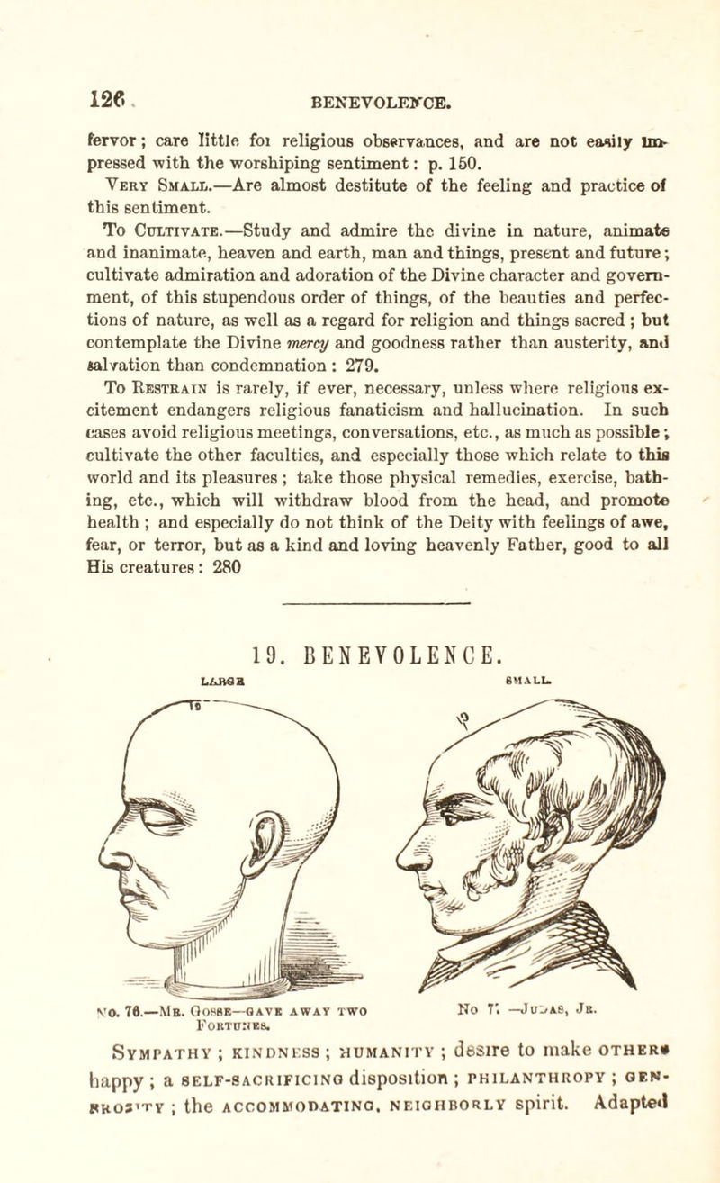 fervor; care little foi religious observances, and are not easily im¬ pressed -with the worshiping sentiment: p. 150. Very Small.—Are almost destitute of the feeling and practice of this sentiment. To Cultivate.—Study and admire the divine in nature, animate and inanimate, heaven and earth, man and things, present and future; cultivate admiration and adoration of the Divine character and govern¬ ment, of this stupendous order of things, of the beauties and perfec¬ tions of nature, as well as a regard for religion and things sacred ; but contemplate the Divine mercy and goodness rather than austerity, and sal vation than condemnation : 279. To Restrain is rarely, if ever, necessary, unless where religious ex¬ citement endangers religious fanaticism and hallucination. In such cases avoid religious meetings, conversations, etc., as much as possible; cultivate the other faculties, and especially those which relate to this world and its pleasures ; take those physical remedies, exercise, bath¬ ing, etc., which will withdraw blood from the head, and promote health ; and especially do not think of the Deity with feelings of awe, fear, or terror, but as a kind and loving heavenly Father, good to all His creatures: 280 19. BENEVOLENCE. LABGB SMALL. vo. 76.—Mb. Gorbe—gave away two Fortunes. No 7'. —Jujas, Jr. Sympathy ; kindness ; humanity ; desire to make other# happy ; a self-sacrificing disposition ; philanthropy ; gen- rkoj'ty ; the accommodating, neighborly spirit. Adapted