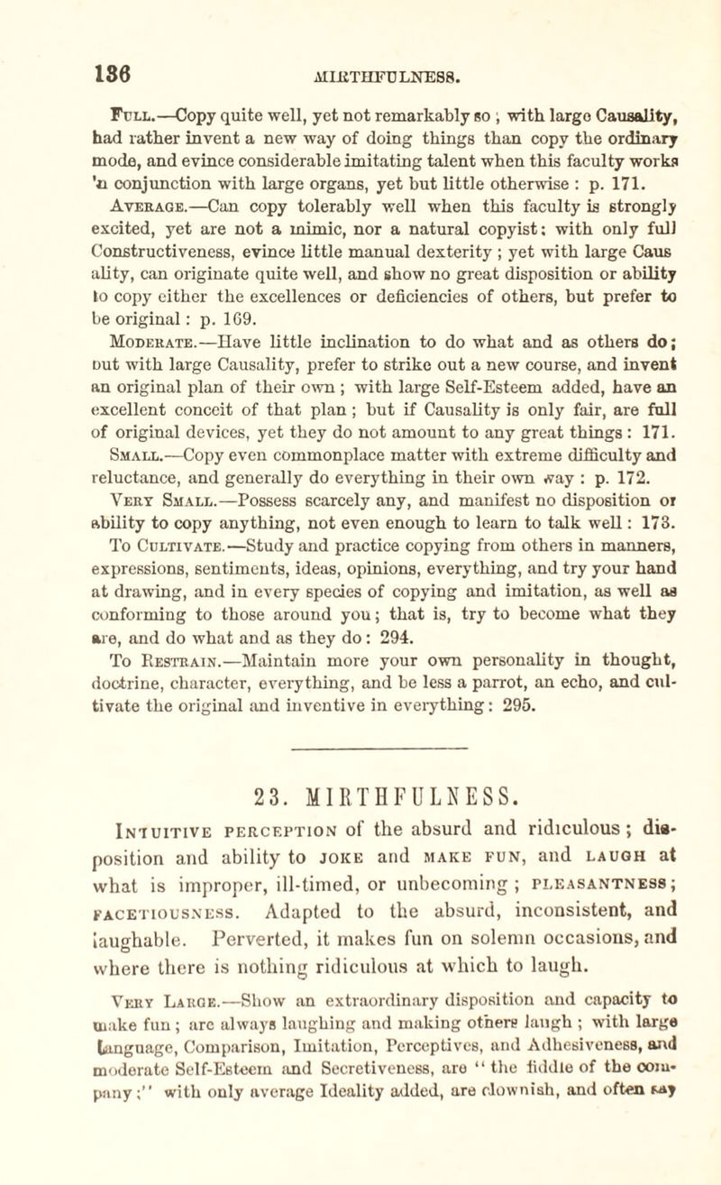 186 Full.—Copy quite well, yet not remarkably so ; with largo Causality, had rather invent a new way of doing things than copy the ordinary mode, and evince considerable imitating talent when this faculty works 'n conjunction with large organs, yet but little otherwise : p. 171. Average.—Can copy tolerably well when this faculty is strongly excited, yet are not a mimic, nor a natural copyist; with only full Constructiveness, evince little manual dexterity ; yet with large Caus ality, can originate quite well, and show no great disposition or ability to copy either the excellences or deficiencies of others, but prefer to be original: p. 169. Moderate.—Have little inclination to do what and as others do; out with large Causality, prefer to strike out a new course, and invent an original plan of their own ; with large Self-Esteem added, have an excellent conceit of that plan ; but if Causality is only fair, are full of original devices, yet they do not amount to any great things : 171. Small.—Copy even commonplace matter with extreme difficulty and reluctance, and generally do everything in their own /ray ; p. 172. Vert Small.—Possess scarcely any, and manifest no disposition or ability to copy anything, not even enough to learn to talk well; 173. To Cultivate.—Study and practice copying from others in manners, expressions, sentiments, ideas, opinions, everything, and try your hand at drawing, and in every species of copying and imitation, as well as conforming to those around you; that is, try to become what they are, and do what and as they do: 294. To Restrain.—Maintain more your own personality in thought, doctrine, character, everything, and be less a parrot, an echo, and cul¬ tivate the original and inventive in everything; 295. 23. MIRTHFULNESS. Intuitive perception of the absurd and ridiculous; dis¬ position and ability to joke and make fun, and laugh at what is improper, ill-timed, or unbecoming; pleasantness; facetiousness. Adapted to the absurd, inconsistent, and laughable. Perverted, it makes fun on solemn occasions, and where there is nothing ridiculous at which to laugh. Very Large.—Show an extraordinary disposition and capacity to make fun; are always laughing and making others laugh ; with largo language, Comparison, Imitation, Perceptives, and Adhesiveness, and moderate Self-Esteem and Secretiveness, are “ the fiddle of the com¬ panywith only average Ideality added, are clownish, and often say