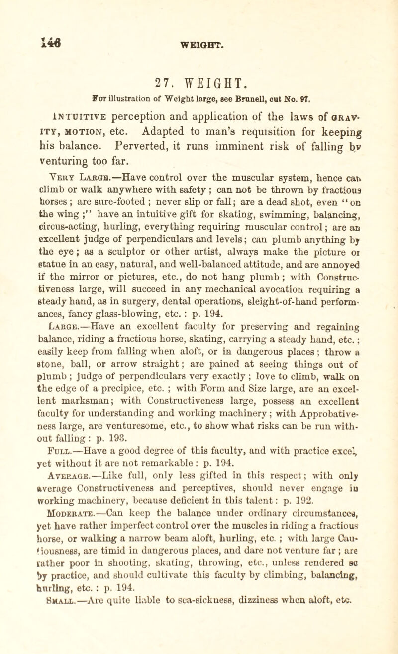 WEIGHT. 27. WEIGHT. For illustration of Weight large, see Branell, out No. 97. Intuitive perception and application of the laws of grav¬ ity, motion, etc. Adapted to man’s requisition for keeping his balance. Perverted, it runs imminent risk of falling bv venturing too far. Very Large.—Have control over the muscular system, hence can climb or walk anywhere with safety ; can not be thrown by fractious horses ; are sure-footed ; never slip or fall; are a dead shot, even “on the wing ’ have an intuitive gift for skating, swimming, balancing, circus-acting, hurling, everything requiring muscular control; are an excellent judge of perpendiculars and levels; can plumb anything by the eye ; as a sculptor or other artist, always make the picture oi statue in an easy, natural, and well-balanced attitude, and are annoyed if the mirror or pictures, etc., do not hang plumb; with Construc¬ tiveness large, will succeed in any mechanical avocation requiring a steady hand, as in surgery, dental operations, sleight-of-hand perform¬ ances, fancy glass-blowing, etc.; p. 194. Large.—Have an excellent faculty for preserving and regaining balance, riding a fractious horse, skating, carrying a steady hand, etc.; easily keep from falling when aloft, or in dangerous places; throw a stone, ball, or arrow straight; are pained at seeing things out of plumb ; judge of perpendiculars very exactly ; love to climb, walk on the edge of a precipice, etc. ; with Form and Size large, are an excel¬ lent marksman; with Constructiveness large, possess an excellent faculty for understanding and working machinery; with Approbative- ness large, are venturesome, etc., to show what risks can be run with¬ out falling: p. 193. Full.—Have a good degree of this faculty, and with practice excel, yet without it are not remarkable : p. 194. Average.—Like full, only less gifted in this respect; with only average Constructiveness and perceptives, should never engage iu working machinery, because deficient in this talent: p. 192. Moderate.—Can keep the balance under ordinary circumstances, yet have rather imperfect control over the muscles in riding a fractious horse, or walking a narrow beam aloft, hurling, etc. ; with large Can* * iousness, are timid in dangerous places, and dare not venture far; are lather poor in shooting, skating, throwing, etc., unless rendered sc 5>y practice, and should cultivate this faculty by climbing, balancing, hurling, etc. : p. 194. Small.—Are quite liable to sea-sickness, dizziness when aloft, etc.