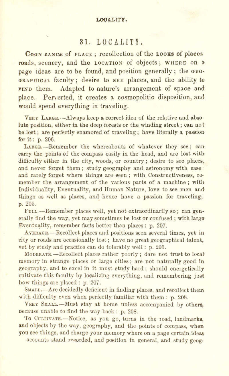 LooAiiinr. 31. LOCALITY Cogn zance of place ; recollection of the looks of places roads, scenery, and the location of objects; where on a page ideas are to be found, and position generally; the oeo- orapiiical faculty; desire to see places, and the ability to find them. Adapted to nature’s arrangement of space and place. Perverted, it creates a cosmopolitic disposition, and would spend everything in traveling. Vert Large.—Always keep a correct idea of the relative and abso¬ lute position, either in the deep forests or the winding street; can not be lost; are perfectly enamored of traveling; have literally a passion for it: p. 206. Large.—Remember the whereabouts of whatever they see; can carry the points of the compass easily in the head, and are lost with difficulty either in the city, woods, or country ; desire to see places, and never forget them ; study geography and astronomy with ease and rarely forget where things are seen; with Constructiveness, re¬ member the arrangement of the various parts of a machine ; with Individuality, Eventuality, and Human Nature, love to see men and things as well as places, and hence have a passion for traveling; p. 205. Fcll.—Remember places well, yet not extraordinarily so ; can gen¬ erally find the way, yet may sometimes be lost or confused ; with largo Eventuality, remember facts better than places : p. 207. Average.—Recollect places and positions seen several times, yet in city or roads are occasionally lost; have no great geographical talent, vet by study and practice can do tolerably well: p. 205. Moderate.—Recollect places rather poorly ; dare not trust to local memory in strange places or large cities; are not naturally good in geography, and to excel in it must study hard ; should energetically cultivate this faculty by localizing everything, and remembering just how things are placed : p. 207. Small.—Are decidedly deficient in finding places, and recollect them with difficulty even when perfectly familiar with them : p. 208. Very Small.—Must stay at home unless accompanied by others, Decause unable to find the way back : p. 208. To Cultivate.—Notice, as you go, turns in the load, landmarks, and objects by the way, geography, and the points of compass, when you see things, and charge your memory where on a page certain ideas accounts stand recorded, and position in general, and study geog-