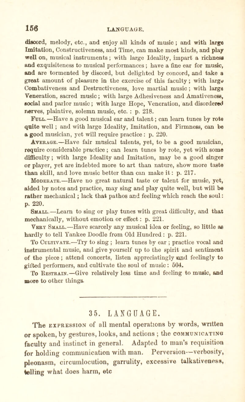 discord, melody, etc., and enjoy all kinds of music ; and with largo Imitation, Constructiveness, and Time, can make most kinds, and play well on, musical instruments; with large Ideality, impart a richness and exquisiteness to musical performances ; have a fine ear for music, and are tormented by discord, but delighted by concord, and take a great amount of pleasure in the exercise of this faculty ; with largo Combativeness and Destructiveness, love martial music; with large Veneration, sacred music ; with large Adhesiveness and Amativeness, social and parlor music; with large Hope, Veneration, and disordered nerves, plaintive, solemn music, etc. : p. 218. Full.—Have a good musical ear and talent; can learn tunes by rote quite well; and with large Ideality, Imitation, and Firmness, can be a good musician, yet will require practice : p. 220. Average.—Have fair musical talents, yet, to be a good musician, require considerable practice ; can learn tunes by rote, yet with some difficulty; with large Ideality and Imitation, may be a good singer or player, yet are indebted more to art than nature, show more taste than skill, and love music better than can make it: p. 217. Moderate.—Have no great natural taste or talent for music, yet, aided by notes and practice, may sing and play quite well, but will be rather mechanical; lack that pathos and feeling which reach the soul: p. 220. Small.—Learn to sing or play tunes with great difficulty, and that mechanically, without emotion or effect: p. 221. Vert Small.—Have scarcely any musical idea or feeling, so little ae hardly to tell Yankee Doodle from Old Hundred : p. 221. To Cultivate.—Try to sing ; learn tunes by ear ; practice vocal and instrumental music, and give yourself up to the spirit and sentiment of the piece; attend concerts, listen appreciatingly and feelingly to gifted performers, and cultivate the soul of music: 504. To Restrain.—Give relatively less time and feeling to music, and more to other things. 3 5. LANGUAGE. The expression of all mental operations by words, written or spoken, by gestures, looks, and actions ; tire communicating faculty and instinct in general. Adapted to man’s requisition for holding communication with man. Perversion—verbosity, pleonasm, circumlocution, garrulity, excessive talkativeness, telling what does harm, etc