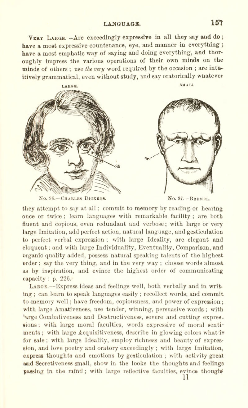 VERy L-uuie. -Are exceedingly expressive in all they say and do; have a most expressive countenance, eye, and manner in everything ; have a most emphatic way of saying and doing everything, and thor¬ oughly impress the various operations of their own minds on the minds of others ; use the very word required by the occasion ; are intu¬ itively grammatical, even without study, and say oratorically whatever they attempt to say at all ; commit to memory by reading or hearing once or twice ; learn languages with remarkable facility ; are both fluent and copious, even redundant and verbose; with large or very large Imitation, add perfect action, natural language, and gesticulation to perfect verbal expression ; with large Ideality, are elegant and eloquent; and with large Individuality, Eventuality, Comparison, and organic quality added, possess natural speaking talents of the highest erder; say the very thing, and in the very way ; choose words almost as by inspiration, and evince the highest order of communicating capacity : p. 226. Lakoe.—Express ideas and feelings well, both verbally and in writ¬ ing ; can learn to speak languages easily ; recollect words, and commit to .memory well; have freedom, copiousness, and power of expression ; with large Amativeness, use tender, winning, persuasive words ; with 'arge Combativeness and Destructiveness, severe and cutting expres¬ sions ; with large moral faculties, words expressive of moral senti¬ ments ; with large Acquisitiveness, describe in glowing colors whatis for sale ; with large Ideality, employ richness and beauty of expres¬ sion, and love poetry and oratory exceedingly ; with large Imitation, express thoughts and emotions by gesticulation ; with activity great and Secretiveness small, show in the looks the thoughts and feelings passing in the mind ; with large reflective faculties, evince thought'