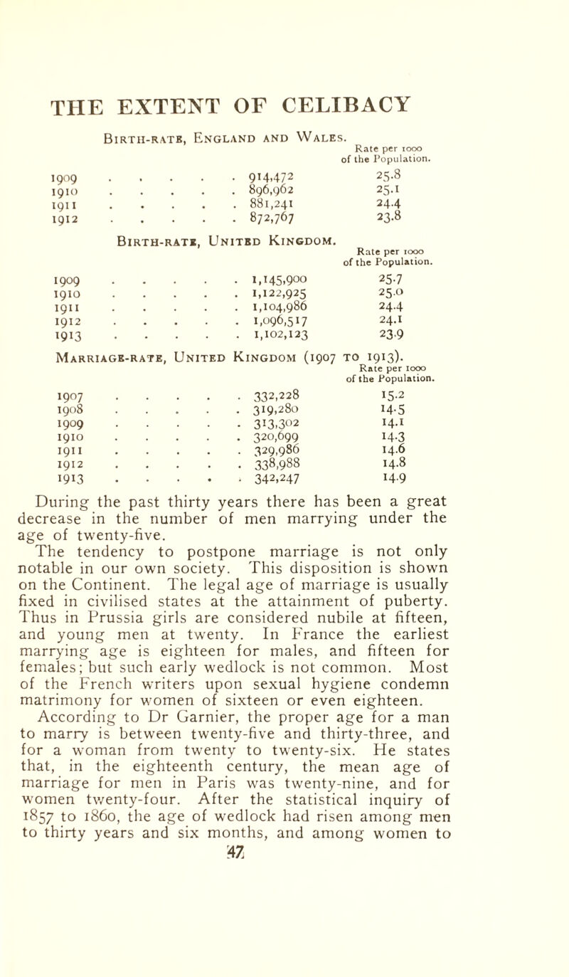 Birth-rate, England and Wales. 1909 .9D.472 Rate per 1000 of the Population. 25.8 1910 .896,962 25-1 1911 .881,241 24.4 1912 .872,767 23.8 1909 Birth-rate, United Kingdom. .1,145.9oo Rate per 1000 of the Population. 25-7 1910 .1,122,925 25.0 1911 .1,104,986 24.4 1912 .1,096,5! 7 24.1 19D .1,102,123 23-9 Marriage-rate, United Kingdom (1907 to 1913). 1907 .332,228 Rate per 1000 of the Population. 15.2 1908 .3D,280 14-5 1909 .313,302 14.1 1910 .320,699 14-3 1911 .329,986 14.6 1912 . 338,988 14.8 1913 . 342447 14.9 During the past thirty years there has been a great decrease in the number of men marrying under the age of twenty-five. The tendency to postpone marriage is not only notable in our own society. This disposition is shown on the Continent. The legal age of marriage is usually fixed in civilised states at the attainment of puberty. Thus in Prussia girls are considered nubile at fifteen, and young men at twenty. In France the earliest marrying age is eighteen for males, and fifteen for females; but such early wedlock is not common. Most of the French writers upon sexual hygiene condemn matrimony for women of sixteen or even eighteen. According to Dr Gamier, the proper age for a man to marry is between twenty-five and thirty-three, and for a woman from twenty to twenty-six. He states that, in the eighteenth century, the mean age of marriage for men in Paris was twenty-nine, and for women twenty-four. After the statistical inquiry of 1857 to i860, the age of wedlock had risen among men to thirty years and six months, and among women to
