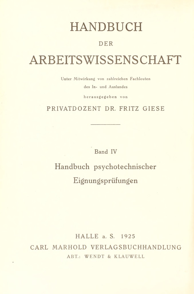 Handbuch psychotechnischer Eignungsprüfungen / von Fritz Giese