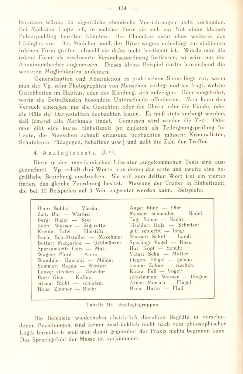 benutzen würde, da eigentliche chemische Vorrichtungen nicht vorhanden. Bei Mädchen fragte ich, in welcher Form sie sich zur Not einen kleinen Pulverpudding bereiten könnten. Der Chemiker zieht ohne weiteres das Likörglas vor. Das Mädchen muß, der Hitze wegen, unbedingt zur stabileren irdenen Form greifen: obwohl sie dafür nicht bestimmt ist. Würde man die irdene Form, als erschwerte Versuchsanordnung fortlassen, so wäre nur der Aluminiumbecher angemessen. Dieses kleine Beispiel dürfte hinreichend die weiteren Möglichkeiten andeuten. Generalisation und Abstraktion in praktischem Sinne liegt vor, wenn man der Vp. zehn Photographien von Menschen vorlegt und sie fragt, welche Gleichheiten im Habitus, oder der Kleidung, sich aufzeigen. Oder umgekehrt, worin die Betreffenden besondere Unterschiede offenbaren. Man kann den Versuch cinengen, nur die Gesichter, oder die Ohren, oder die Hände, oder die Hüte der Dargestellten beobachten lassen. Es muß stets verlangt werden, daß jemand alle Merkmale findet. Gemessen wird wieder die Zeit. Oder man gibt eine kurze Einheitszeit (so zugleich als Teileignungsprüfung für Leute, die Menschen schnell erfassend beobachten müssen: Kriminalisten, Schutzleute, Pädagogen, Schaffner usw.) und mißt die Zahl der Treffer. 4. A n a 1 o g i e t e s t s. JE C9. Diese in der amerikanischen Literatur aufgekommenen Tests sind aus¬ gezeichnet. Vp. erhält drei Worte, von denen das erste und zweite eine be¬ griffliche Beziehung ausdrücken. Sie soll zum dritten Wort frei ein viertes finden, das gleiche Zuordnung besitzt. Messung der Treffer in Einheitszeit, die bei 10 Beispielen auf 3 Min. angesetzt werden kann. Beispiele: Heer: Soldat — Verein: Auge: blind — Ohr: Zeit: Uhr -— Wärme: Messer: schneiden — Nadel: Berg: Hügel — See: Tag: Sonne — Nacht: Bach: Wasser — Zigarette: Tischler: Holz — Schmied: Kreide: Tafel — Bleistift: gut: schlecht — lang: Buch: Schriftsteller — Maschine: Wasser: Schiff — Land: Butter: Margarine — Geldmünze: Sperling: Vogel — Rose: Sparsamkeit: Geiz — Mut: Hut: Kopf — Schuh: Wagen: Pferd — Auto: Vater: Sohn — Mutter: Wanduhr: Gewicht — Mühle: fliegen: Flügel — gehen: Sommer: Regen — Winter: kauen: Zähne — riechen: Lanze: stechen — Gewehr: Katze: Fell — Vogel: Bier: Glas — Kaffee: schwimmen: Wasser — fliegen: sitzen: Stuhl — schlafen: Arme: Mensch — Flügel: Haus: Zimmer — Buch: Haus: Hütte — Fluß: Tabelle 10. Analogiegruppen. Die Beispiele wiederholen absichtlich dieselben Begriffe in verschie¬ denen Beziehungen, sind ferner ausdrücklich nicht nach rein philosophischer Logik formuliert: weil man damit gegenüber der 1 laxis nichts beginnen kann. Das Sprachgefühl der Masse ist verkümmert.