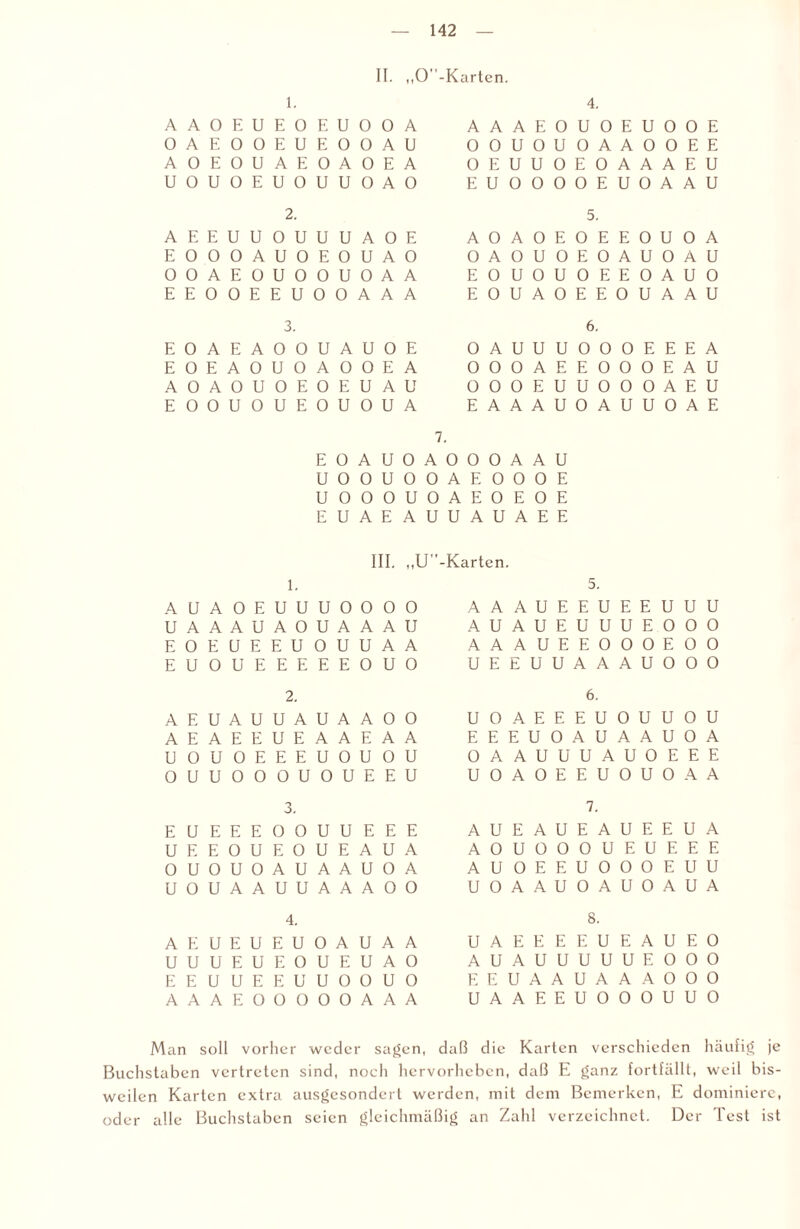 II. ,,0-Karten. 1. 4. A A 0 E u E 0 E U 0 0 A A A A E 0 U 0 E u 0 0 E 0 A E 0 0 E u E 0 0 A U 0 0 U 0 U 0 A A 0 0 E E A 0 E 0 u A E 0 A 0 E A 0 E u u 0 E 0 A A A E U U 0 U 0 E U 0 U U 0 A 0 E U 0 0 0 0 E U 0 A A u 2. 5. A E E U u 0 u u u A 0 E A 0 A 0 E 0 E E 0 U 0 A E 0 0 0 A U 0 E 0 U A 0 0 A 0 u 0 E 0 A u 0 A U 0 0 A E ü u 0 0 u 0 A A E 0 u 0 u 0 E E 0 A U 0 E E 0 0 E E u 0 0 A A A E 0 u A 0 E E 0 u A A u 3. 6. E 0 A E A 0 0 u A U 0 E 0 A u U u 0 0 0 E E E A E 0 E A 0 U 0 A 0 0 E A 0 0 0 A E E 0 0 0 E A u A 0 A 0 u 0 E 0 E u A U 0 0 0 E U U 0 0 0 A E u E 0 0 U 0 u E 0 U 0 U A E A A A U 0 A u u 0 A E 7. E 0 A U 0 A 0 0 0 A A U U 0 0 u 0 0 A E 0 0 0 E U 0 0 0 u 0 A E 0 E 0 E E u A E A U U A u A E E 1. u u III. „U. •Karten. 5. E U A U A 0 E U 0 0 0 0 A A A U E E E U u u U A A A U A 0 U A A A u A U A U E u u U E 0 0 0 E 0 E U E E U 0 u U A A A A A U E E 0 0 0 E 0 0 E U 0 u E E E E E 0 U 0 U E E u U A A A U 0 0 0 2. 6. A E U A U U A U A A 0 0 U 0 A E E E U 0 u u 0 u A E A E E U E A A E A A E E E u 0 A U A A u 0 A U 0 U 0 E E E U 0 U 0 U 0 A A u u U A U 0 E E E 0 U U 0 0 0 U 0 U E E U U 0 A 0 E E U 0 u 0 A A 3. 7. E u E E E 0 0 u u E E E A U E A U E A u E E U A U E E 0 U E 0 u E A U A A 0 U 0 0 0 U E U E E E 0 U 0 u 0 A U A A U 0 A A u 0 E E U 0 0 0 E U U u 0 U A A U U A A A 0 0 U 0 A A U 0 A u 0 A U A 4. 8. A E U E U E U 0 A U A A U A E E E E U E A U E 0 U U u E u E 0 u E U A 0 A U A U U U U U E 0 0 0 E E u U E E U u 0 0 U 0 E E U A A U A A A 0 0 0 A A A E 0 0 0 0 0 A A A U A A E E U 0 0 0 u U 0 Man soll vorher weder sagen, daß die Karten verschieden häufig je Buchstaben vertreten sind, noch hervorheben, daß E ganz fortfällt, weil bis¬ weilen Karten extra ausgcsonderl werden, mit dem Bemerken, E dominiere, oder alle Buchstaben seien gleichmäßig an Zahl verzeichnet. Der Test ist