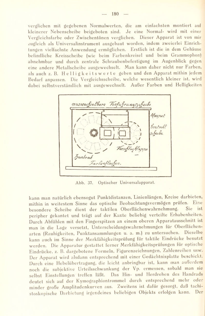 verglichen mit gegebenen Normalwerten, die am einfachsten montiert auf kleinerer Nebenscheibe beigeboten sind. Je eine Normal- wird mit einer Vcrgleichsfarbe oder Zwischentönen verglichen. Dieser Apparat ist von mir zugleich als Universalinstrument ausgebaut worden, indem zweierlei Einrich¬ tungen vielfachste Anwendung ermöglichen. Erstlich ist die in dem Gehäuse befindliche Kreisscheibe (wie beim Farbenkreisel und beim Grammophon) abnehmbar und durch zentrale Schraubcnbefcstigung im Augenblick gegen eine andere Mctallschcibe ausgewechselt. Man kann daher nicht nur Farben, als auch z. B. Hclligkeitswerte geben und den Apparat mithin jedem Bedarf anpassen. Die Verglcichsscheibe, welche wesentlich kleiner ist, wird dabei selbstverständlich mit ausgewechselt. Außer Farben und Helligkeiten kann man natürlich ebensogut Punktdistanzen, Linienlängen, Kreise darbieten, mithin in weitestem Sinne das optische Beobachtungsvermögen prüfen. Eine besondere Scheibe dient der taktilen Oberflächenwahrnchmung. Sie ist peripher gekantet und trägt auf der Kante beliebig verteilte Erhabenheiten. Durch Abfühlen mit den Fingerspitzen an einem oberen Apparatausschnitt ist man in die Lage versetzt, Unterscheidungswahrnehmungen für Oberflächen¬ arten (Rauhigkeiten, Punktansammlungen u. a. m.) zu untersuchen. Dieselbe kann auch im Sinne der Merkfähigkeitsprüfung für taktile Eindrücke benutzt werden. Die Apparatur gestattet ferner Merkfähigkeitsprüfungen für optische Eindrücke, z. B. dargebotene Formeln, Figurenzeichnungen, Zahlenreihen usw. Der Apparat wird alsdann entsprechend mit einer Gedächtnisplatte beschickt. Durch eine Hebelübertragung, die leicht anbringbar ist, kann man außerdem noch die subjektive Urteilsschwankung der Vp. ermessen, sobald man sie selbst Einstellungen treffen läßt. Das Hin- und Herdrehen des Handrads deutet sich auf der Kymographiontrommcl durch entsprechend mehr oder minder große Amplitudenkurvcn aus. Zweitens ist dafür gesorgt, daß tachi- stoskopische Darbietung irgendeines beliebigen Objekts erfolgen kann. Der