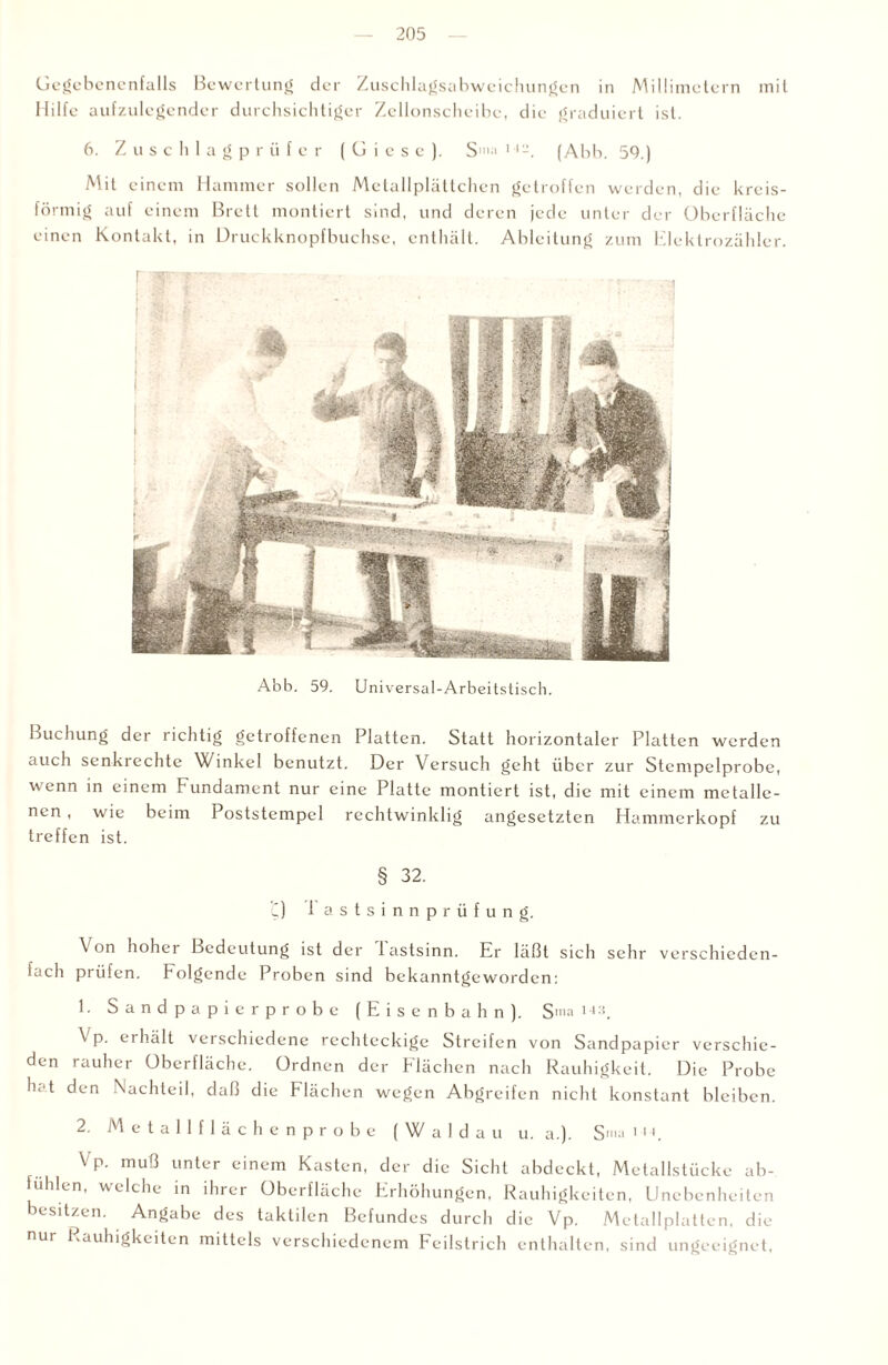 Gegebenenfalls Bewertung der Zuschlagsabweichungcn in Millimetern mit Hilfe aufzulegender durchsichtiger Zellonscheibe, die graduiert ist. 6. Zuschlagprüfer ( G i e s e ). S'»:> 1 (Abb. 59.) Mit einem Hammer sollen Melallplättchen getroffen werden, die kreis- lörmig auf einem Brett montiert sind, und deren jede unter der Oberfläche einen Kontakt, in Druckknopfbuchse, enthält. Ableitung zum Elektrozähler. Abb. 59. Universal-Arbeitstisch. Buchung der richtig getroffenen Platten. Statt horizontaler Platten werden auch senkrechte Winkel benutzt. Der Versuch geht über zur Stempelprobe, wenn in einem Fundament nur eine Platte montiert ist, die mit einem metalle¬ nen , wie beim Poststempel rechtwinklig angesetzten Hammerkopf zu treffen ist. § 32. i) lastsinnprüfung. Von hoher Bedeutung ist der 1 astsinn. Er läßt sich sehr verschieden- iach prüfen. Folgende Proben sind bekanntgeworden: 1. Sandpapierprobe (Eisenbahn). Sia n.i. \ p. erhält verschiedene rechteckige Streifen von Sandpapier verschie¬ den rauher Oberfläche. Ordnen der Flächen nach Rauhigkeit. Die Probe hat den Nachteil, daß die Flächen wegen Abgreifen nicht konstant bleiben. 2. Metallflächenprobe (Waldau u. a.). S»'a 1 . VP. muß unter einem Kasten, der die Sicht abdeckt, Metallstücke ab- fuhlen, welche in ihrer Oberfläche Erhöhungen, Rauhigkeiten, Unebenheiten besitzen. Angabe des taktilen Befundes durch die Vp. Metallplatten, die nur Rauhigkeiten mittels verschiedenem Feilstrich enthalten, sind ungeeignet,