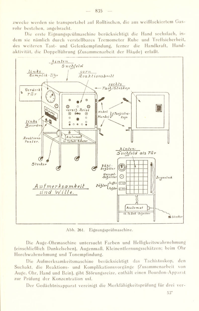 zwecke werden sic transportabel auf Rolltischen, die aus weißlackiertem Gas¬ rohr bestehen, angebracht. Die erste Eignungsprüfmaschine berücksichtigt die Hand sechsfach, in¬ dem sie nämlich durch verstellbares Tremometer Ruhe und l reffsicherhcit, des weiteren Tast- und Gclenkempfindung, ferner die Ilandkraft, Hand¬ aktivität, die Doppelführung (Zusammenarbeit der Hände) erfaßt. Die Auge-Ohrmaschine untersucht Farben und Helligkeitswahrnehmung (einschließlich Dunkelsehen), Augenmaß, Kleinentfernungsschätzen; beim Ohr Horchwahrnehmung und Tonempfindung. Die Aufmerksamkeitsmaschine berücksichtigt das 1 achistoskop, den Suchakt, die Reaktions- und Komplikationsvorgänge (Zusammenarbeit von Auge, Ohr, Hand und Bein), gibt Störungsreize, enthält einen Bourdon-Apparat zur Prüfung der Konzentration usf. Der Gedächtnisapparat vereinigt die Merkfähigkeitsprüfung für drei ver- 53*