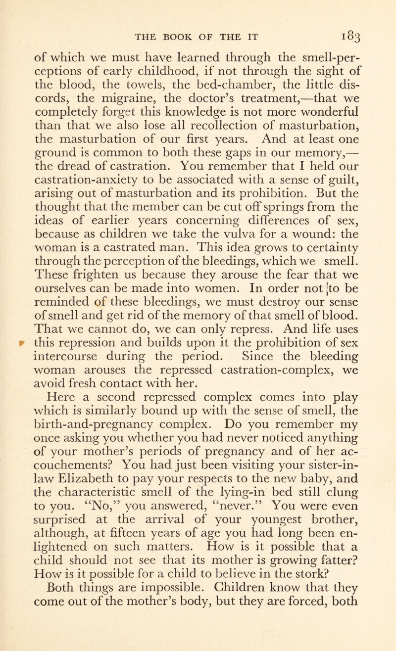 of which we must have learned through the smell-per¬ ceptions of early childhood, if not through the sight of the blood, the towels, the bed-chamber, the little dis¬ cords, the migraine, the doctor’s treatment,—that we completely forget this knowledge is not more wonderful than that we also lose all recollection of masturbation, the masturbation of our first years. And at least one ground is common to both these gaps in our memory,— the dread of castration. You remember that I held our castration-anxiety to be associated with a sense of guilt, arising out of masturbation and its prohibition. But the thought that the member can be cut off springs from the ideas of earlier years concerning differences of sex, because as children we take the vulva for a wound: the woman is a castrated man. This idea grows to certainty through the perception of the bleedings, which we smell. These frighten us because they arouse the fear that we ourselves can be made into women. In order not [to be reminded of these bleedings, we must destroy our sense of smell and get rid of the memory of that smell of blood. That we cannot do, we can only repress. And life uses w this repression and builds upon it the prohibition of sex intercourse during the period. Since the bleeding woman arouses the repressed castration-complex, we avoid fresh contact with her. Here a second repressed complex comes into play which is similarly bound up with the sense of smell, the birth-and-pregnancy complex. Do you remember my once asking you whether you had never noticed anything of your mother’s periods of pregnancy and of her ac- couchements? You had just been visiting your sister-in- law Elizabeth to pay your respects to the new baby, and the characteristic smell of the lying-in bed still clung to you. “No,” you answered, “never.” You were even surprised at the arrival of your youngest brother, although, at fifteen years of age you had long been en¬ lightened on such matters. How is it possible that a child should not see that its mother is growing fatter? How is it possible for a child to believe in the stork? Both things are impossible. Children know that they come out of the mother’s body, but they are forced, both
