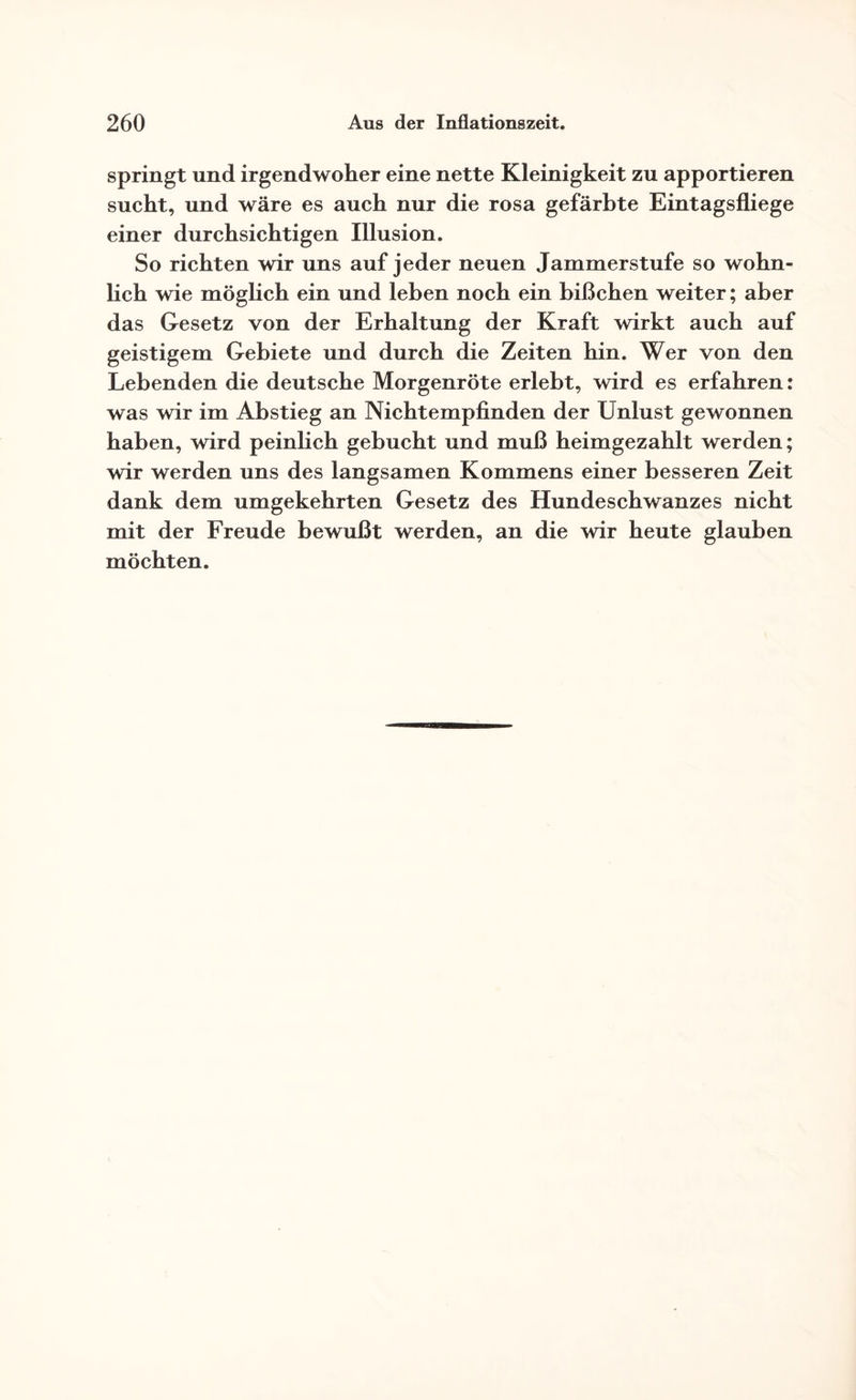 springt und irgendwoher eine nette Kleinigkeit zu apportieren sucht, und wäre es auch nur die rosa gefärbte Eintagsfliege einer durchsichtigen Illusion. So richten wir uns auf jeder neuen Jammerstufe so wohn¬ lich wie möglich ein und leben noch ein bißchen weiter; aber das Gesetz von der Erhaltung der Kraft wirkt auch auf geistigem Gebiete und durch die Zeiten hin. Wer von den Lebenden die deutsche Morgenröte erlebt, wird es erfahren: was wir im Abstieg an Nichtempfinden der Unlust gewonnen haben, wird peinlich gebucht und muß heimgezahlt werden; wir werden uns des langsamen Kommens einer besseren Zeit dank dem umgekehrten Gesetz des Hundeschwanzes nicht mit der Freude bewußt werden, an die wir heute glauben möchten.