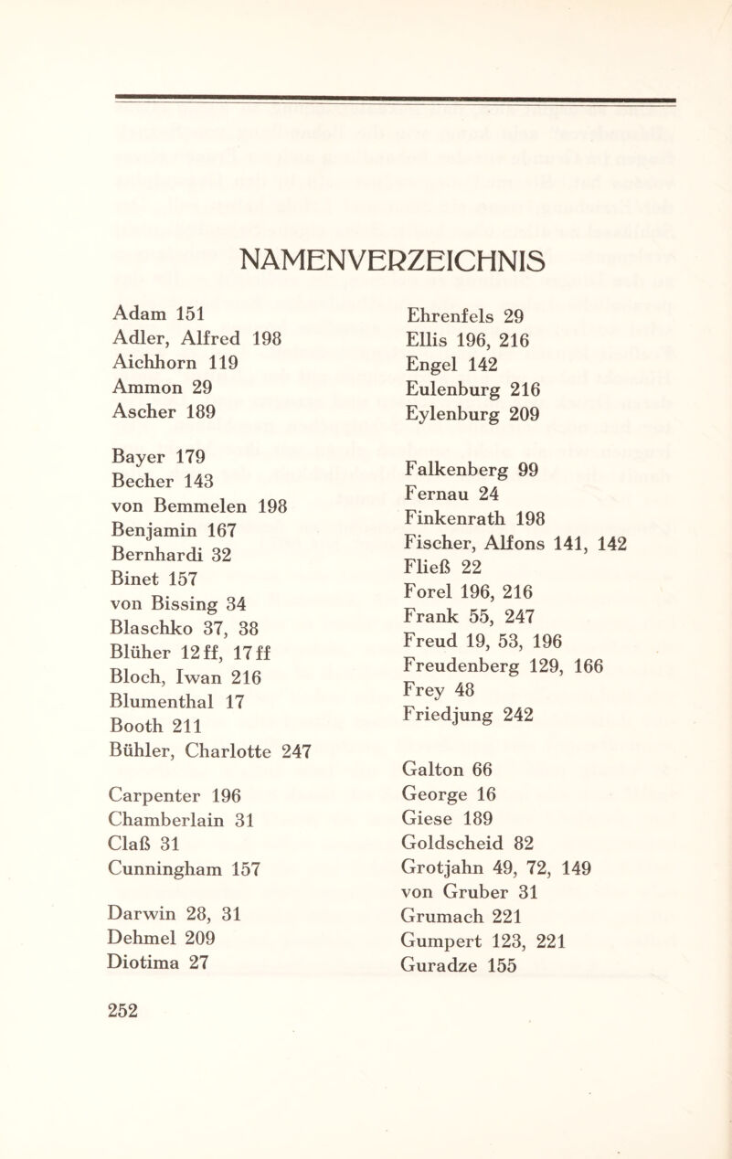 NAMENVERZEICHNIS Adam 151 Adler, Alfred 198 Aichhorn 119 Ammon 29 Ascher 189 Bayer 179 Becher 143 von Bemmelen 198 Benjamin 167 Bernhardi 32 Binet 157 von Bissing 34 Blaschko 37, 38 Blüher 12 ff, 17 ff Bloch, Iwan 216 Blumenthal 17 Booth 211 Bühler, Charlotte 247 Carpenter 196 Chamberlain 31 Claß 31 Cunningham 157 Darwin 28, 31 Dehmel 209 Diotima 27 Ehrenfels 29 Ellis 196, 216 Engel 142 Eulenburg 216 Eylenburg 209 Falkenberg 99 Fernau 24 Finkenrath 198 Fischer, Alfons 141, 142 Fließ 22 Forel 196, 216 Frank 55, 247 Freud 19, 53, 196 Freudenberg 129, 166 Frey 48 Friedjung 242 Galton 66 George 16 Giese 189 Goldscheid 82 Grotjahn 49, 72, 149 von Gruber 31 Grumach 221 Gumpert 123, 221 Guradze 155