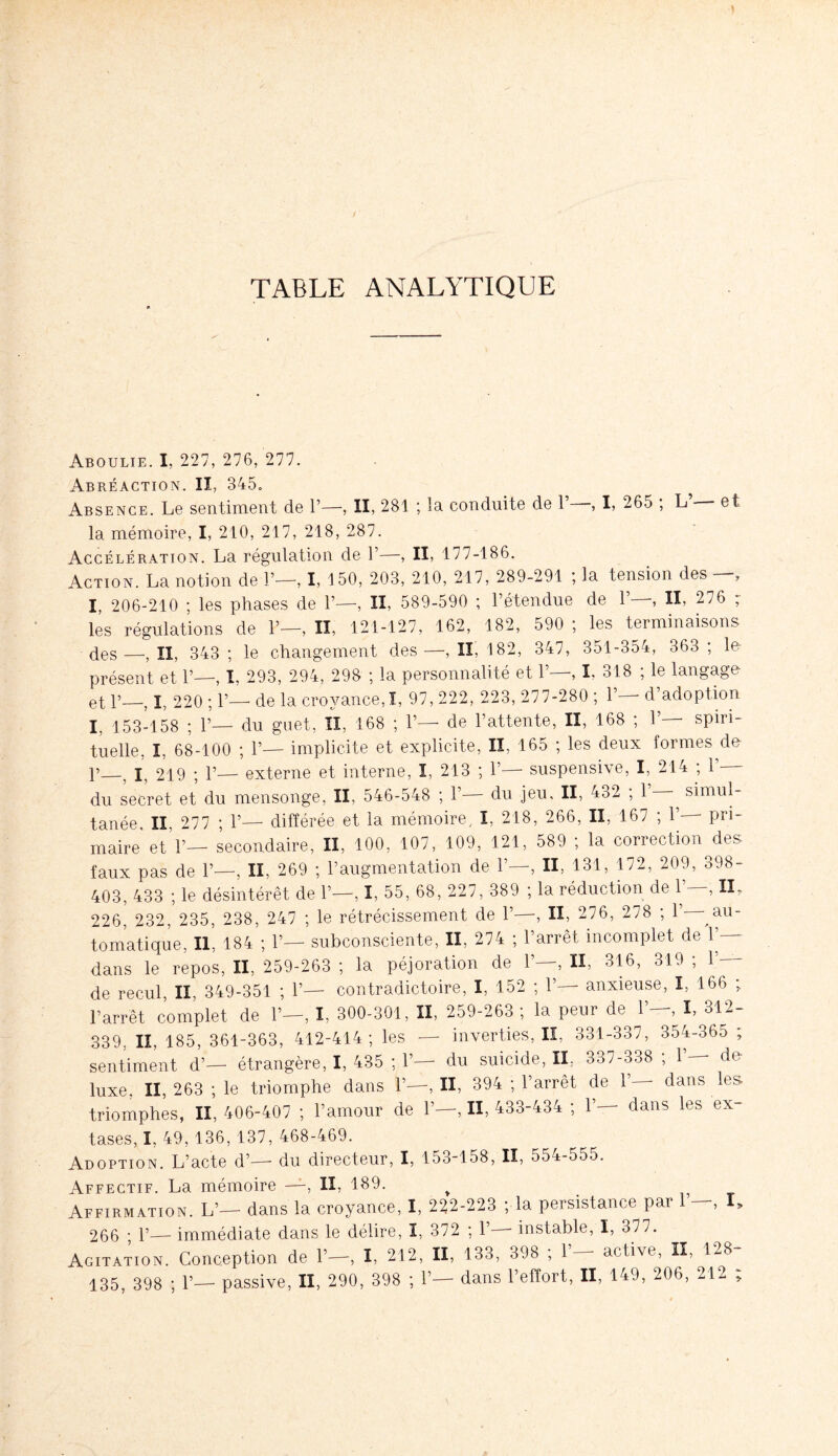 TABLE ANALYTIQUE Aboulie. I, 227, 276, 277. Abréaction. II, 345. Absence. Le sentiment de 1’—, II, 281 ; la conduite de 1 , I, 265 , L et la mémoire, I, 210, 217, 218, 287. Accélération. La régulation de P—, II, 177-186. Action. La notion de 1’—, I, 150, 203, 210, 217, 289-291 ; la tension des —, I, 206-210 ; les phases de P—-, II, 589-590 ; l’étendue de P , II, 276 ; les régulations de P—, II, 121-127, 162, 182, 590 ; les terminaisons des—? n. 343; le changement des—, II, 182, 347, 351-354, 363; le- présent et 1’—, I. 293, 294, 298 ; la personnalité et 1’—, I. 318 ; le langage et P—, I, 220 ; 1’— de la croyance,!, 97, 222, 223, 277-280 ; P— d’adoption I, 153-158 ; P— du guet, II, 168 ; P— de l’attente, II, 168 ; P— spiri¬ tuelle, I. 68-100 ; P— implicite et explicite, II, 165 ; les deux formes de p ? i, 219 ; P—- externe et interne, ï, 213 ; P—- suspensive, I, 214 ; P - du secret et du mensonge, II, 546-548 ; P— du jeu, II, 432 ; P - simul¬ tanée, II, 277 ; P— différée et la mémoire, I, 218, 266, II, 167 ; P pri¬ maire et P— secondaire, II, 100, 107, 109, 121, 589 ; la correction des faux pas de P—, II, 269 ; l’augmentation de P—, II, 131, 172, 209, 398- 403, 433 ; le désintérêt de P—, X, 55, 68, 227, 389 ; la réduction de P—, IL 226, 232, 235, 238, 247 ; le rétrécissement de P—, II, 276, 278 ; P—au¬ tomatique, II, 184 ; P— subconsciente, II, 274 ; l’arrêt incomplet de P— dans le repos, II, 259-263 ; la péjoration de P—, II, 316, 319 ; P— de recul, II, 349-351 ; P— contradictoire, I, 152 ; P— anxieuse, I, 166 ; l’arrêt complet de P—, I, 300-301, II, 259-263 ; la peur de P—, I, 312- 339, II, 185, 361-363, 412-414; les — inverties, II, 331-337, 354-365 ; sentiment d’— étrangère, I, 435 ;,P-— du suicide, II, 337-338 ; 1— de¬ luxe, II, 263 ; le triomphe dans P—, II, 394 ; l’arrêt de P dans les triomphes, II, 406-407 ; l’amour de P—, II, 433-434 ; P— dans les ex¬ tases, I. 49, 136, 137, 468-469. Adoption. L’acte cl’—- du directeur, I, 153-158, II, 554-555. Affectif. La mémoire —-, II, 189. t Affirmation. L’— dans la croyance, I, 222-223 ; la persistance par 1 —, L 266 • P— immédiate dans le délire, I, 372 ; P— instable, I, 377. Agitation. Conception de 1’-. I, 212. II, 133, 398 ; 1’- active, II, 128- 135, 398 ; 1’— passive, II, 290, 398 ; F— dans l’effort, II, 149, 206, 212 ;