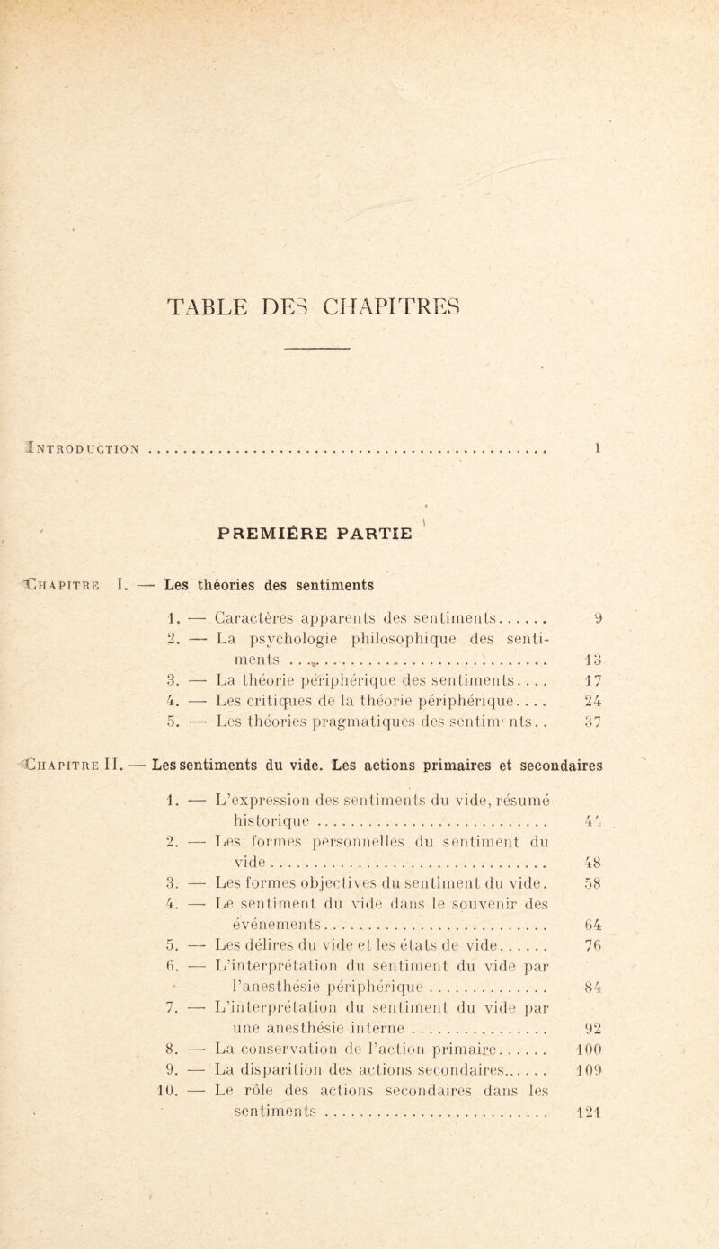 TABLE DES CHAPITRES Introduction Chapitre I. Chapitre II. — l PREMIÈRE PARTIE Les théories des sentiments 1. — Caractères apparents des sentiments. 9 2. •— La psychologie philosophique des senti¬ ments . . .. 13 3. — La théorie périphérique des sentiments. ... 17 4. —- Les critiques de la théorie périphérique. ... 24 5. — Les théories pragmatiques des sentiments. . 37 Les sentiments du vide. Les actions primaires et secondaires 1. — L’expression des sentiments du vide, résumé historique. 44 2. — Les formes personnelles du sentiment du vide. 48 3. — Les formes objectives du sentiment du vide. 58 4. — Le sentiment du vide dans le souvenir des événements. 64 5. —- Les délires du vide et les états de vide. 76 6. — L’interprétation du sentiment du vide par l’anesthésie périphérique.. . 84 7. — L’interprétation du sentiment du vide par une anesthésie interne. 92 8. — La conservation de l’action primaire. 100 9. — La disparition des actions secondaires. J 09 10. — Le rôle des actions secondaires dans les sentiments .. 121