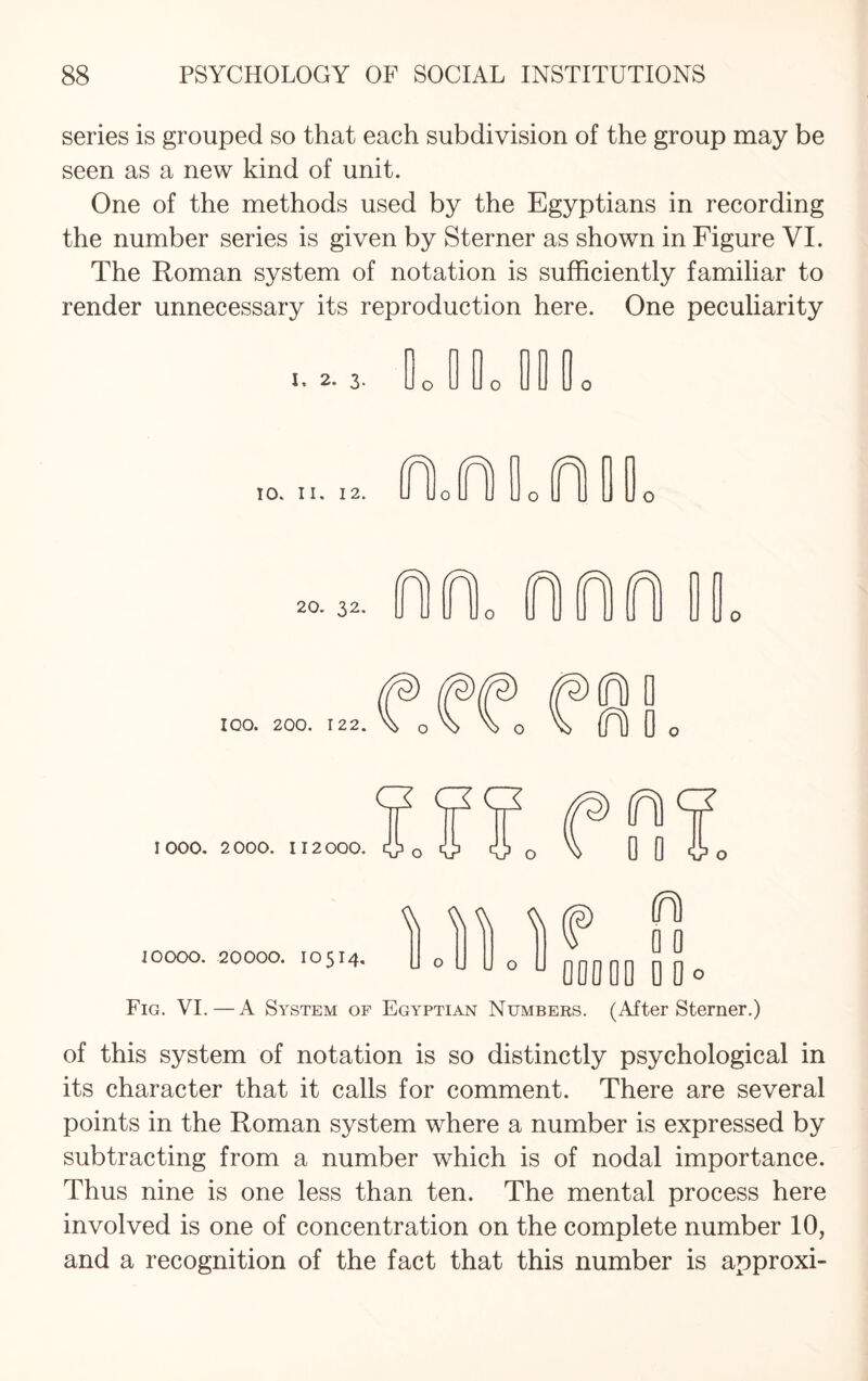 series is grouped so that each subdivision of the group may be seen as a new kind of unit. One of the methods used by the Egyptians in recording the number series is given by Sterner as shown in Figure VI. The Roman system of notation is sufficiently familiar to render unnecessary its reproduction here. One peculiarity I. 2. 3. O 10. II. 12. n o 20. 32. O 100. 200. o Cld I 000. 2 000. 112 000. o C3 T? O IOOOO. 20000. 10514. o o 000 00 0 0 ° Fig. VI. — A System of Egyptian Numbers. (After Sterner.) of this system of notation is so distinctly psychological in its character that it calls for comment. There are several points in the Roman system where a number is expressed by subtracting from a number which is of nodal importance. Thus nine is one less than ten. The mental process here involved is one of concentration on the complete number 10, and a recognition of the fact that this number is approxi-