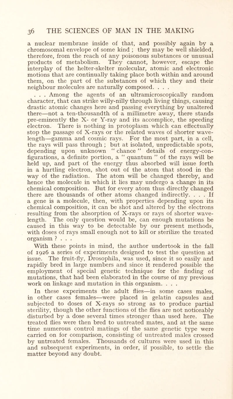 a nuclear membrane inside of that, and possibly again by a chromosomal envelope of some kind ; they may be well shielded, therefore, from the reach of any poisonous substances or unusual products of metabolism. They cannot, however, escape the interplay of the helter-skelter molecular, atomic and electronic motions that are continually taking place both within and around them, on the part of the substances of which they and their neighbour molecules are naturally composed. . . . . . . Among the agents of an ultramicroscopically random character, that can strike willy-nilly through living things, causing drastic atomic changes here and passing everything by unaltered there—not a ten-thousandth of a millimetre away, there stands pre-eminently the X- or Y-ray and its accomplice, the speeding electron. There is nothing in protoplasm which can effectually stop the passage of X-rays or the related waves of shorter wave¬ length—gamma and cosmic rays. For the most part, in a cell, the rays will pass through ; but at isolated, unpredictable spots, depending upon unknown  chance ” details of energy-con¬ figurations, a definite portion, a “ quantum ” of the rays will be held up, and part of the energy thus absorbed will issue forth in a hurtling electron, shot out of the atom that stood in the way of the radiation. The atom will be changed thereby, and hence the molecule in which it lies may undergo a change in its chemical composition. But for every atom thus directly changed there are thousands of other atoms changed indirectly. ... If a gene is a molecule, then, with properties depending upon its chemical composition, it can be shot and altered by the electrons resulting from the absorption of X-rays or rays of shorter wave¬ length. The only question would be, can enough mutations be caused in this way to be detectable by our present methods, with doses of rays small enough not to kill or sterilize the treated organism ? . . . With these points in mind, the author undertook in the fall of 1926 a series of experiments designed to test the question at issue. The fruit-fly, Drosophila, was used, since it so easily and rapidly bred in large numbers and since it rendered possible the employment of special genetic technique for the finding of mutations, that had been elaborated in the course of my previous work on linkage and mutation in this organism. . . . In these experiments the adult flies—in some cases males, in other cases females—were placed in gelatin capsules and subjected to doses of X-rays so strong as to produce partial sterility, though the other functions of the flies are not noticeably disturbed by a dose several times stronger than used here. The treated flies were then bred to untreated mates, and at the same time numerous control matings of the same genetic type were carried on for comparison, consisting of untreated males crossed by untreated females. Thousands of cultures were used in this and subsequent experiments, in order, if possible, to settle the matter beyond any doubt.