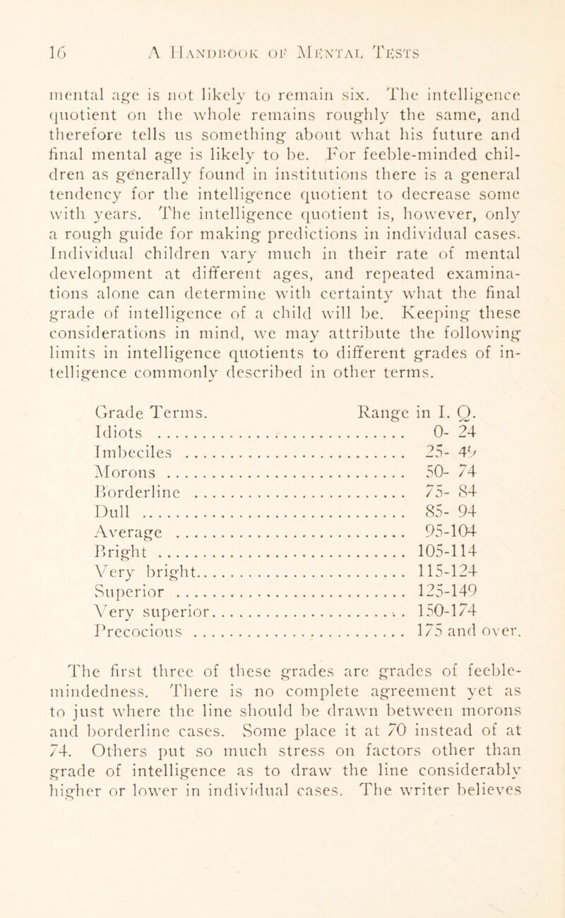 mental age is not likely to remain six. The intelligence quotient on the whole remains roughly the same, and therefore tells us something about what his future and final mental age is likely to be. ,For feeble-minded chil¬ dren as generally found in institutions there is a general tendency for the intelligence quotient to decrease some with years. The intelligence quotient is, however, only a rough guide for making predictions in individual cases. Individual children vary much in their rate of mental development at different ages, and repeated examina¬ tions alone can determine with certainty what the final grade of intelligence of a child will be. Keeping these considerations in mind, we may attribute the following limits in intelligence quotients to different grades of in¬ telligence commonly described in other terms. Grade Terms. Idiots . Imbeciles . . . Morons . Borderline . . Dull . Average .... Bright. Very bright.. Superior .... A ery superior Precocious . . Range in I. O. O r'V . 0-24 . 25- 46 . 50- 74 . 75- 84 . 85-94 . 95-104 . 105-114 . 115-124 . 125-149 ...... 150-174 . 175 and over. The first three of these grades are grades of feeble¬ mindedness. There is no complete agreement yet as to just where the line should be drawn between morons and borderline cases. Some place it at 70 instead of at 74. Others put so much stress on factors other than grade of intelligence as to draw the line considerably higher or lower in individual cases. The writer believes