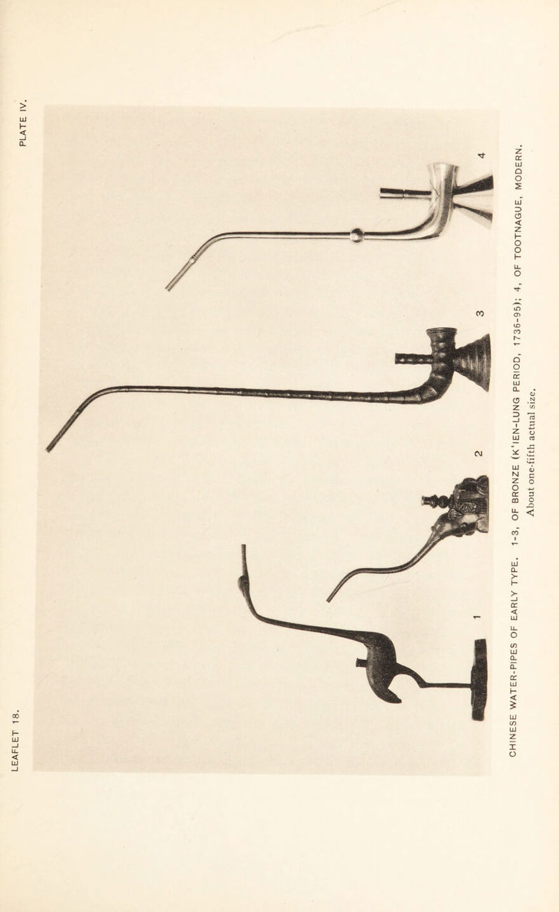 PLATE IV. CHINESE WATER-PIPES OF EARLY TYPE. 1-3, OF BRONZE (K‘lEN-LUNG PERIOD, 1736-95); 4, OF TOOTNAGUE, MODERN. About one-fifth actual size.