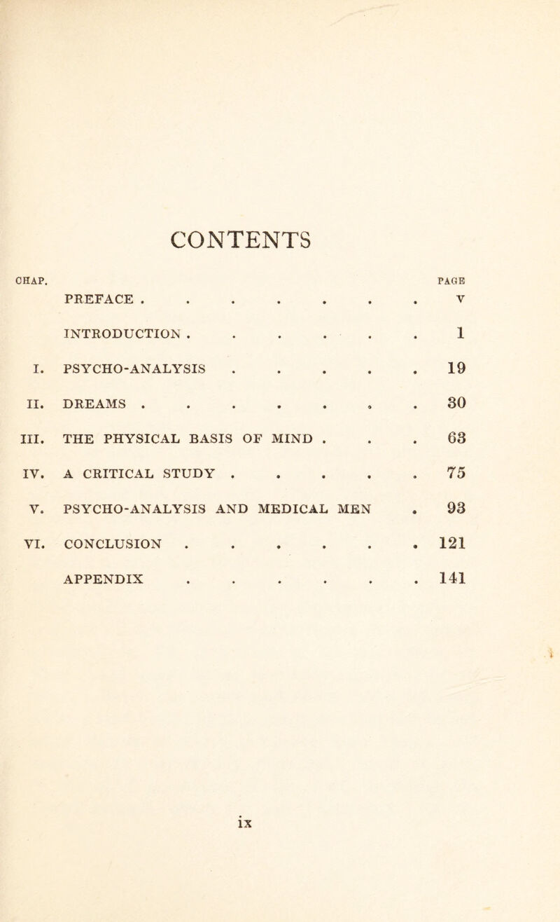 CONTENTS CHAP. PREFACE ..... • • PAGE V INTRODUCTION .... « • 1 I. PSYCHO-ANALYSIS • • 19 II. DREAMS ..... • 30 III. THE PHYSICAL BASIS OF MIND . • * 63 IY. A CRITICAL STUDY . • 9 75 V. PSYCHO-ANALYSIS AND MEDICAL MEN • 93 VI. CONCLUSION .... • 9 121 APPENDIX 141
