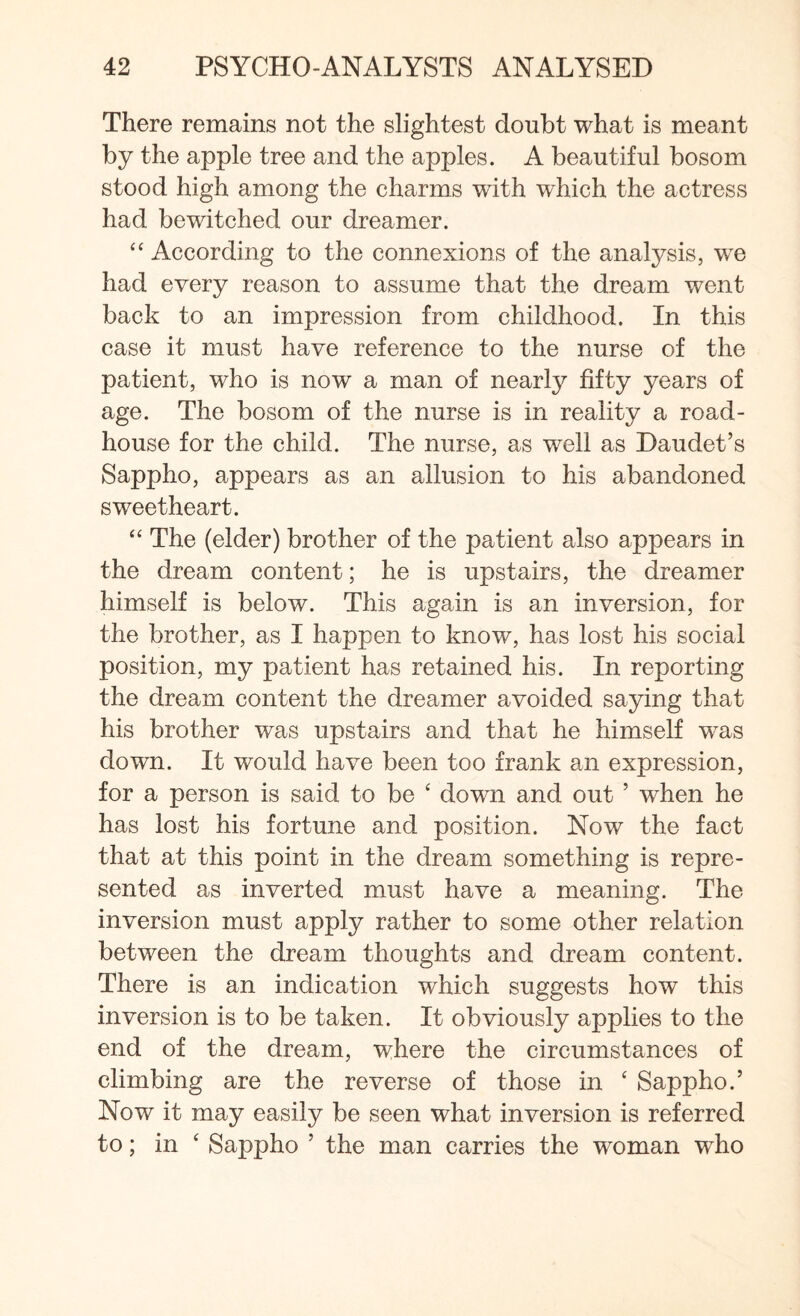 There remains not the slightest doubt what is meant by the apple tree and the apples. A beautiful bosom stood high among the charms with which the actress had bewitched our dreamer. 44 According to the connexions of the analysis, we had every reason to assume that the dream went back to an impression from childhood. In this case it must have reference to the nurse of the patient, who is now a man of nearty fifty years of age. The bosom of the nurse is in reality a road¬ house for the child. The nurse, as well as Daudet’s Sappho, appears as an allusion to his abandoned sweetheart. “ The (elder) brother of the patient also appears in the dream content; he is upstairs, the dreamer himself is below. This again is an inversion, for the brother, as I happen to know, has lost his social position, my patient has retained his. In reporting the dream content the dreamer avoided saying that his brother was upstairs and that he himself wras down. It would have been too frank an expression, for a person is said to be 4 down and out ’ when he has lost his fortune and position. Now the fact that at this point in the dream something is repre¬ sented as inverted must have a meaning. The inversion must apply rather to some other relation between the dream thoughts and dream content. There is an indication which suggests how this inversion is to be taken. It obviously applies to the end of the dream, where the circumstances of climbing are the reverse of those in 4 Sappho.’ Now it may easily be seen what inversion is referred to; in 4 Sappho 5 the man carries the woman who