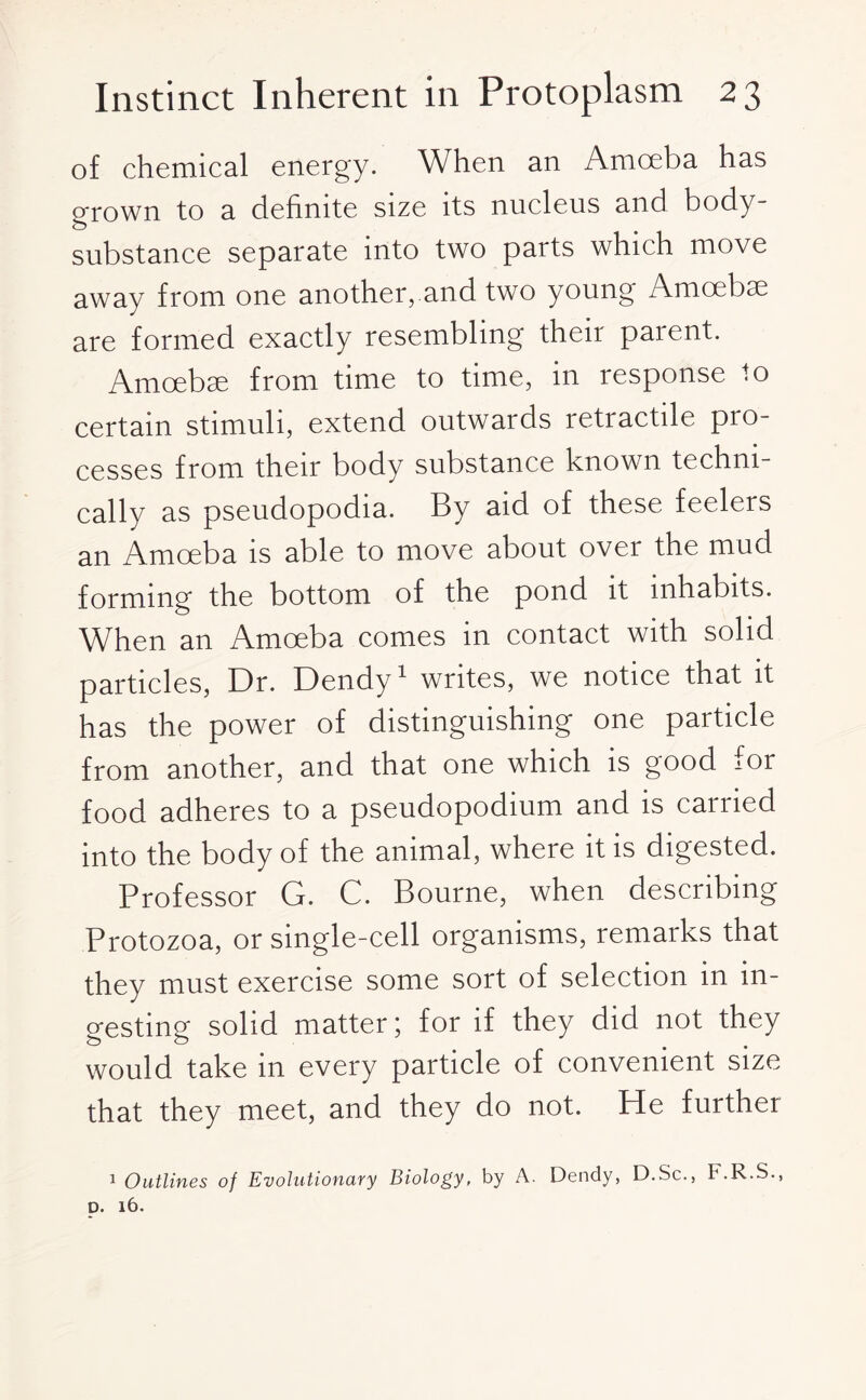 of chemical energy. When an Amoeba has grown to a definite size its nucleus and body- substance separate into two parts which move away from one another, and two young Amoebae are formed exactly resembling their parent. Amoebae from time to time, in response to certain stimuli, extend outwards retractile pro¬ cesses from their body substance known techni¬ cally as pseudopodia. By aid of these feelers an Amoeba is able to move about over the mud forming the bottom of the pond it inhabits. When an Amoeba comes in contact with solid particles, Dr. Dendy1 writes, we notice that it has the power of distinguishing one particle from another, and that one which is good for food adheres to a pseudopodium and is carried into the body of the animal, where it is digested. Professor G. C. Bourne, when describing Protozoa, or single-cell organisms, remarks that they must exercise some sort of selection in in¬ gesting solid matter; for if they did not they would take in every particle of convenient size that they meet, and they do not. He further 1 Outlines of Evolutionary Biology, by A. Dendy, D.Sc., F.R.S., D. l6.