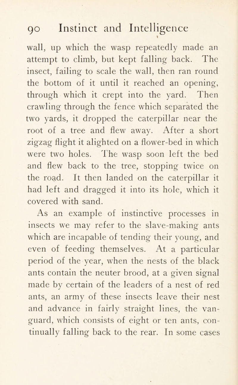 t wall, up which the wasp repeatedly made an attempt to climb, but kept falling back. The insect, failing to scale the wall, then ran round the bottom of it until it reached an opening, through which it crept into the yard. Then crawling through the fence which separated the two yards, it dropped the caterpillar near the root of a tree and flew away. After a short zigzag flight it alighted on a flower-bed in which were two holes. The wasp soon left the bed and flew back to the tree, stopping twice on the road. It then landed on the caterpillar it had left and dragged it into its hole, which it covered with sand. As an example of instinctive processes in insects we may refer to the slave-making ants which are incapable of tending their young, and even of feeding themselves. At a particular period of the year, when the nests of the black ants contain the neuter brood, at a given signal made by certain of the leaders of a nest of red ants, an army of these insects leave their nest and advance in fairly straight lines, the van¬ guard, which consists of eight or ten ants, con¬ tinually falling back to the rear. In some cases
