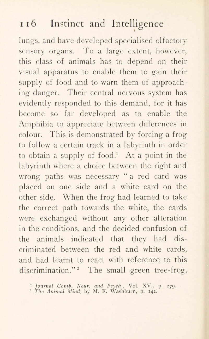 lungs, and have developed specialised olfactory sensory organs. To a large extent, however, this class of animals has to depend on their visual apparatus to enable them to gain their supply of food and to warn them of approach¬ ing danger. Their central nervous system has evidently responded to this demand, for it has become so far developed as to enable the Amphibia to appreciate between differences in colour. This is demonstrated by forcing a frog to follow a certain track in a labyrinth in order to obtain a supply of food.1 At a point in the labyrinth where a choice between the right and wrong paths was necessary “ a red card was placed on one side and a white card on the other side. When the frog had learned to take the correct path towards the white, the cards were exchanged without any other alteration in the conditions, and the decided confusion of the animals indicated that they had dis¬ criminated between the red and white cards, and had learnt to react with reference to this discrimination.”2 The small green tree-frog, 1 Journal Comp. Neur. and Psych., Vol. XV., p. 279. 2 The Animal Mind, by M. F. Washburn, p. 142.