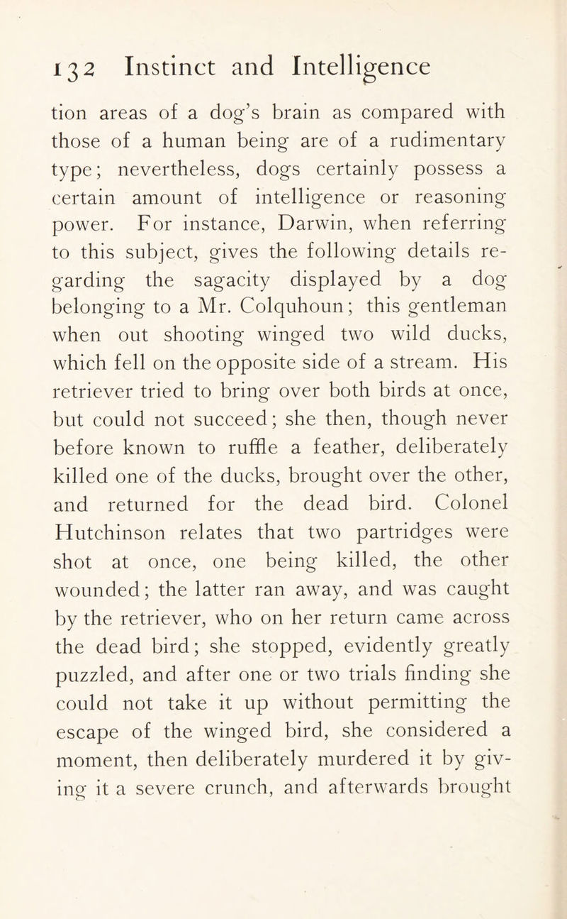tion areas of a dog’s brain as compared with those of a human being are of a rudimentary type; nevertheless, dogs certainly possess a certain amount of intelligence or reasoning power. For instance, Darwin, when referring to this subject, gives the following details re¬ garding the sagacity displayed by a dog belonging to a Mr. Colquhoun; this gentleman when out shooting winged two wild ducks, which fell on the opposite side of a stream. His retriever tried to bring over both birds at once, but could not succeed; she then, though never before known to ruffle a feather, deliberately killed one of the ducks, brought over the other, and returned for the dead bird. Colonel Hutchinson relates that two partridges were shot at once, one being killed, the other wounded; the latter ran away, and was caught by the retriever, who on her return came across the dead bird; she stopped, evidently greatly puzzled, and after one or two trials finding she could not take it up without permitting the escape of the winged bird, she considered a moment, then deliberately murdered it by giv¬ ing it a severe crunch, and afterwards brought