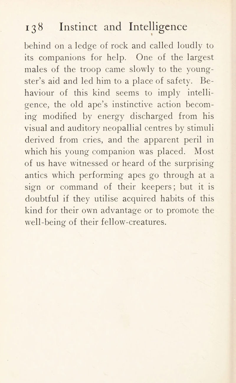 behind on a ledge of rock and called loudly to its companions for help. One of the largest males of the troop came slowly to the young¬ ster’s aid and led him to a place of safety. Be¬ haviour of this kind seems to imply intelli¬ gence, the old ape’s instinctive action becom¬ ing modified by energy discharged from his visual and auditory neopallial centres by stimuli derived from cries, and the apparent peril in which his young companion was placed. Most of us have witnessed or heard of the surprising antics which performing apes go through at a sign or command of their keepers; but it is doubtful if they utilise acquired habits of this kind for their own advantage or to promote the well-being of their fellow-creatures.