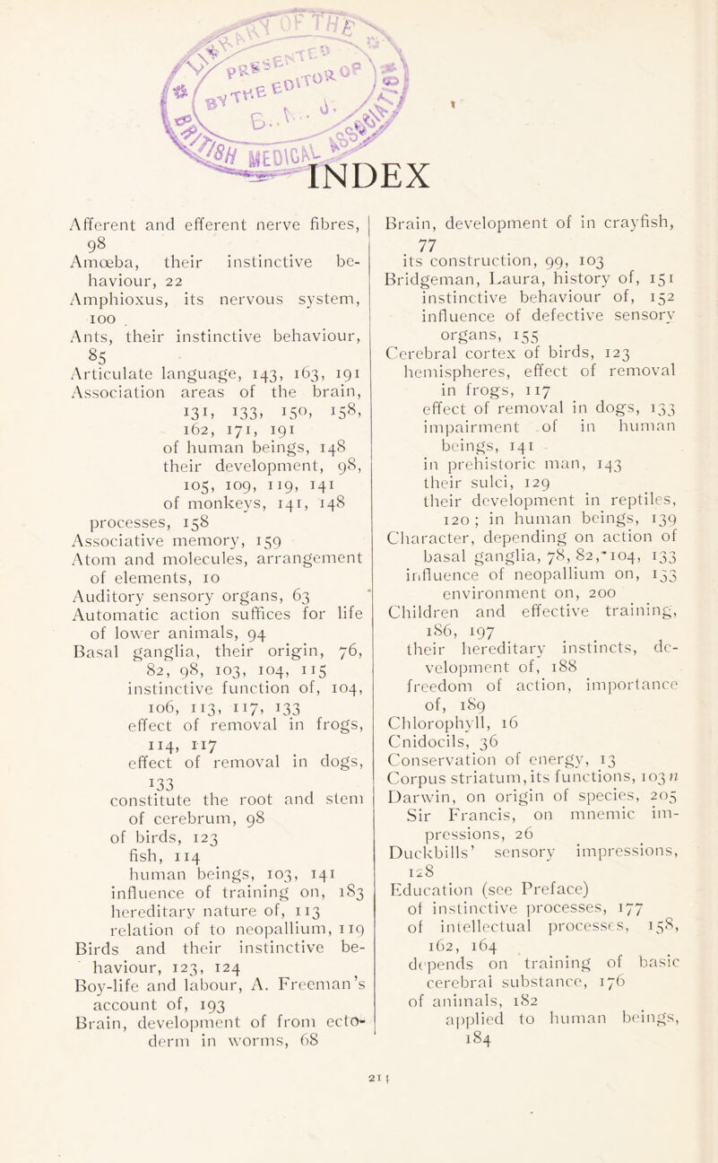 t INDEX Afferent and efferent nerve fibres, 98 Amoeba, their instinctive be¬ haviour, 22 Amphioxus, its nervous system, ioo Ants, their instinctive behaviour, 85 Articulate language, 143, 163, 191 Association areas of the brain, I3I> I33> iS°» I58> 162, 171, 191 of human beings, 148 their development, 98, 105, 109, 119, 141 of monkeys, 141, 148 processes, 158 Associative memory, 159 Atom and molecules, arrangement of elements, 10 Auditory sensory organs, 63 Automatic action suffices for life of lower animals, 94 Basal ganglia, their origin, 76, 82, 98, 103, 104, 115 instinctive function of, 104, 106, 113, 117, 133 effect of removal in frogs, 114, 117 effect of removal in dogs, 133 constitute the root and stem of cerebrum, 98 of birds, 123 fish, 114 human beings, 103, 141 influence of training on, 1S3 hereditary nature of, 113 relation of to neopallium, 119 Birds and their instinctive be¬ haviour, 123, 124 Boy-life and labour, A. Freeman’s account of, 193 Brain, development of from ecto¬ derm in worms, 6S Brain, development of in crayfish, 77 its construction, 99, 103 Bridgeman, Laura, history of, 151 instinctive behaviour of, 152 influence of defective sensory organs, 155 Cerebral cortex of birds, 123 hemispheres, effect of removal in frogs, 117 effect of removal in dogs, 133 impairment of in human beings, 141 in prehistoric man, 143 their sulci, 129 their development in reptiles, 120 ; in human beings, 139 Character, depending on action of basal ganglia, 78, 82,-104, 133 influence of neopallium on, 133 environment on, 200 Children and effective training, 186, 197 their hereditary instincts, de¬ velopment of, 188 freedom of action, importance of, 189 Chlorophyll, 16 Cnidocils, 36 Conservation of energy, 13 Corpus striatum, its functions, 103;; Darwin, on origin of species, 205 Sir Francis, on mnemic im¬ pressions, 26 Duckbills’ sensory impressions, 128 Education (see Preface) of instinctive processes, 177 of intellectual processes, 158, 162, 164 depends on training of basic cerebral substance, 176 of animals, 182 applied to human beings, 184 2I|