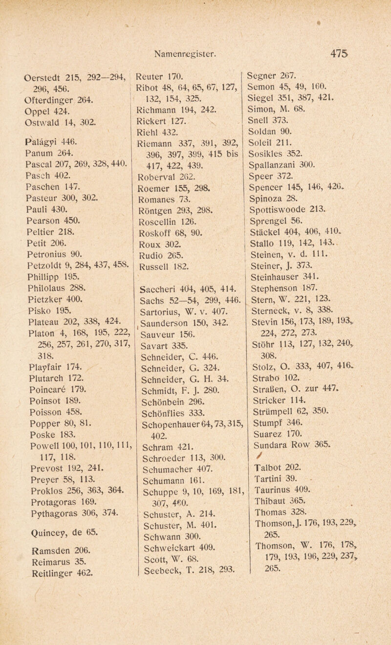 Oerstedt 215, 292—294, 296, 456. Ofterdinger 264. Oppel 424. Ostwald 14, 302. Palägyi 446. Panum 264. Pascal 207, 269, 328,440. Pasch 402. Paschen 147. Pasteur 300, 302. Pauli 430. Pearson 450. Peltier 218. Petit 206. Petronius 90. Petzoldt 9, 284, 437, 458. Phillipp 195. Philolaus 288. Pietzker 400. Pisko 195. Plateau 202, 338, 424. Platon 4, 168, 195, 222, 256, 257, 261, 270, 317, 318. Play fair 174. Plutarch 172. Poincare 179. Poinsot 189. Poisson 458. Popper 80, 81. Poske 183. Powell 100,101, 110,111, 117, 118. Prevost 192, 241. Preyer 58, 113. Proklos 256, 363, 364. Protagoras 169. Pythagoras 306, 374. Quincey, de 65. Ramsden 206. Reimarus 35. Reitlinger 462. Reuter 170. Ribot 48, 64, 65, 67, 127, 132, 154, 325. Richmann 194, 242. Rickert 127. Riehl 432. Riemann 337, 391, 392, 396, 397, 399, 415 bis 417, 422, 439. Roberval 262. Roemer 155, 298. Romanes 73. Röntgen 293, 298. Roscellin 126. Roskoff 68, 90. Roux 302. I Rudio 265. Russell 182. Saccheri 404, 405, 414. Sachs 52—54, 299, 446. Sartorius, W. v. 407. Saunderson 150, 342. Sauveur 156. Savart 335. Schneider, C. 446. Schneider, G. 324. Schneider, G. H. 34. Schmidt, F. J. 280. Schönbein 296. Schönflies 333. Schopenhauer 64,73,315, 402. Schram 421. Schroeder 113, 300. Schumacher 407. Schumann 161. Schuppe 9, 10, 169, 181, 307, 460. Schuster, A. 214. Schuster, M. 401. Schwann 300. Schweickart 409. Scott, W. 68. Seebeck, T. 218, 293. Segner 267. Semon 45, 49, 160. Siegel 351, 387, 421. Simon, M. 68. Snell 373. Soldan 90. Solei! 211. Sosikles 352. Spallanzani 300. Speer 372. Spencer 145, 146, 426. Spinoza 28. Spottiswoode 213. Sprengel 56. Stäckel 404, 406, 410. Stallo 119, 142, 143. Steinen, v. d. 111. Steiner, J. 373. Steinhäuser 341. Stephenson 187. Stern, W. 221, 123. Sterneck, v. 8, 338. Stevin 156, 173, 189, 193, 224, 272, 273. Stöhr 113, 127, 132, 240, 308. Stolz, O. 333, 407, 416. Strabö 102. Straßen, O. zur 447. Stricker 114. Strümpell 62, 350. Stumpf 346. Suarez 170. Sundara Row 365. / Talbot 202. Tartini 39. Taurinus 409. Thibaut 365. Thomas 328. Thomson, J. 176, 193,229, 265. Thomson, W. 176, 178, 179, 193, 196, 229, 237, 265.