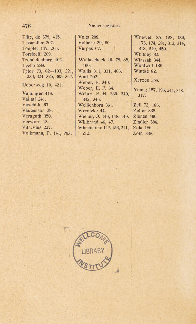 t Tilly, de 379, 415. Tissandier 207. Toepler 147, 206. Torricelli 269. Trendelenburg 402. Tycho 288. Tylor 73, 82—103, 221, 233, 324, 325, 365, 367. Ueberweg 10, 421. Vaihinger 418. Vailati 241. Vaschide 67. Vaucanson 29. Veraguth 350. Verworn 13. Vitruvius 227. Volkmann, P. 141, 203. Volta 208. Voltaire 39, 90. Vurpas 67. Wallascheck 46, 78, 85, 160. Wallis 311, 331, 406. Watt 202. Weber, E. 340. Weber, E. F. 64. Weber, E. H. 339, 340, 342, 346. Weißenborn 361. Wernicke 44. Wiener, O. 146, 148, 149. Willbrand 46, 47. Wheatstone 147,156,211, 212. Whewell 85, 138, 139, 173, 174, 281,313, 314, 318, 319, 450. Whitney 82. Wlassak 344. Wohlwill 139. Wuttke 82. Xerxes 358. Young 157, 196, 244, 248, 317. Zell 72, 186. Zeller 335. Ziehen 460. Zindler 386. Zola 186. Zoth 338.