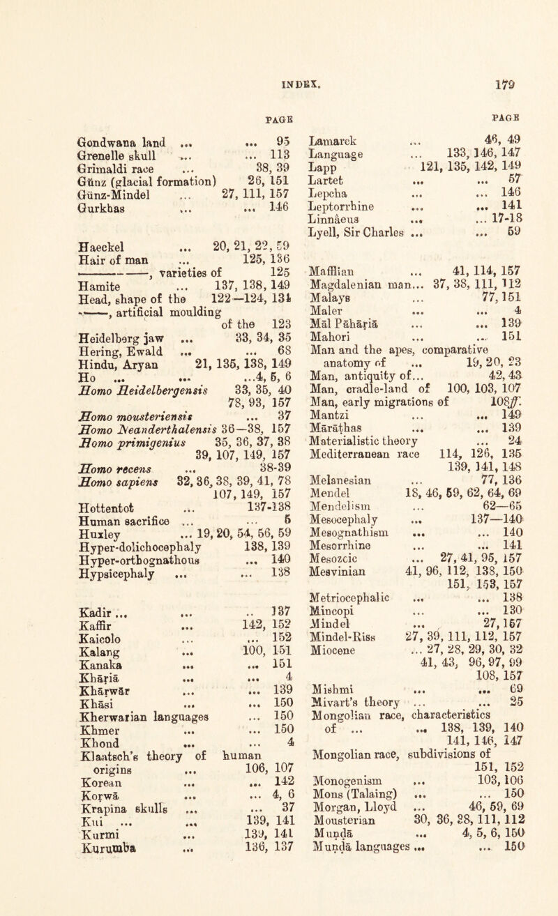 Gondwana land ... Grenelle skull Grimaldi race Giinz (glacial formation) Giinz-Mindel Gurkhas page ... 95 ... 113 38, 39 26, 151 27, 111, 157 ... 146 Haeckel ... 20, 21, 22, 59 Hair of man ... 125, 136 •——-, varieties of 125 Hamite ... 137, 138, 149 Head, shape of the 122 —124, 131 -*-, artificial moulding of the 123 Heidelberg jaw ... 33, 34, 35 Hering, Ewald ... ... 68 Hindu, Aryan 21, 135, 138, 149 Ho ... .** ...4,5, 6 Homo Heidelbergensts 33, 35, 40 78, 93, 157 Homo mousteriensis ... 37 Homo JSeanderthalensis 36—38, 157 Homo primigenius 35, 36, 37, 38 39, 107, 149, 157 Homo recens ... 38-39 Homo sapiens 32, 36, 38, 39, 41, 78 107,149, 157 Hottentot ... 137-138 Human sacrifice ... ... 5 Huxley ... 19,20, 54, 56, 59 Hyper-dolichocephaly 138, 139 Hyper-ortbognathous ... 140 Hypsicephaly ... ... 138 Kadir... ... Kaffir Kaicolo Kalang ... Kanaka ... Kharia ... Kharw S/f ... Khasi ... Kherwarian languages Khmer Kbond • •• Klaatsch’s theory of origins Korean ... Korwa Krapina skulls Kui ... ... Kurmi Kurumba Lamarck Language Lapp Lartet Lepcha Leptorrhine Linnaeus ... Lyell, Sir Charles ... PAGE 46, 49 133, 146, 147 121, 135, 142, 149 ... 57 ... 146 ... 141 ... 17-18 69 .. 187 142, 152 ... 152 100, 151 ... 151 4 • M ... 139 ... 150 ... 150 ... 150 ... 4 human 106, 107 ... 142 ... 4, 6 ... 37 139, 141 139, 141 136, 137 Mafflian ... 41, 114, 157 Magdalenian man... 37, 38, 111, 112 Malays ... 77,151 Maler ... ... 4 MalPahariii ... ... 139 Mahori ... ... 151 Man and the apes, comparative anatomy of ... 19,20, 23 Man, antiquity of... 42,43 Man, cradle-land of 100, 103, 107 Man, early migrations of lOSj^i Mantzi ... ... 149 Marathas ... ... 139 Materialistic theory ... 24- Mediterranean race 114, 126, 135 139, 141, 148 77 136 18, 46, 59, 62, 64, 69 62—65 137—140 ... ... 140 ... ... 141 ... 27, 41, 95, 157 41, 96, 112, 138, 150 151, 153, 157 ... ... 138 ... 130 27,167 27, 39, 111, 112, 157 ... 27, 28, 29, 30, 32 41, 43, 96, 97, 99 108, 157 Mishmi ... ... 69 Mivart’s theory ... ... 25 Mongolian race, characteristics of ... ... 138, 139, 140 141, 146, 147 Mongolian race, subdivisions of 151, 152 Monogenism ... 103, 106 Mons (Taking) ... ... 150 Morgan, Lloyd ... 46, 59,69 Mousterian 30, 36, 38, 111, 112 Munda ... 4, 5, 6, 150 Munda languages ... ... 150 Melanesian Mendel Mendel ism Mesoceplialy Mesognathism Mesorrhine Mesozoic Mesvinian Metriocephalic Mincopi Mind el Mindel-Riss Miocene