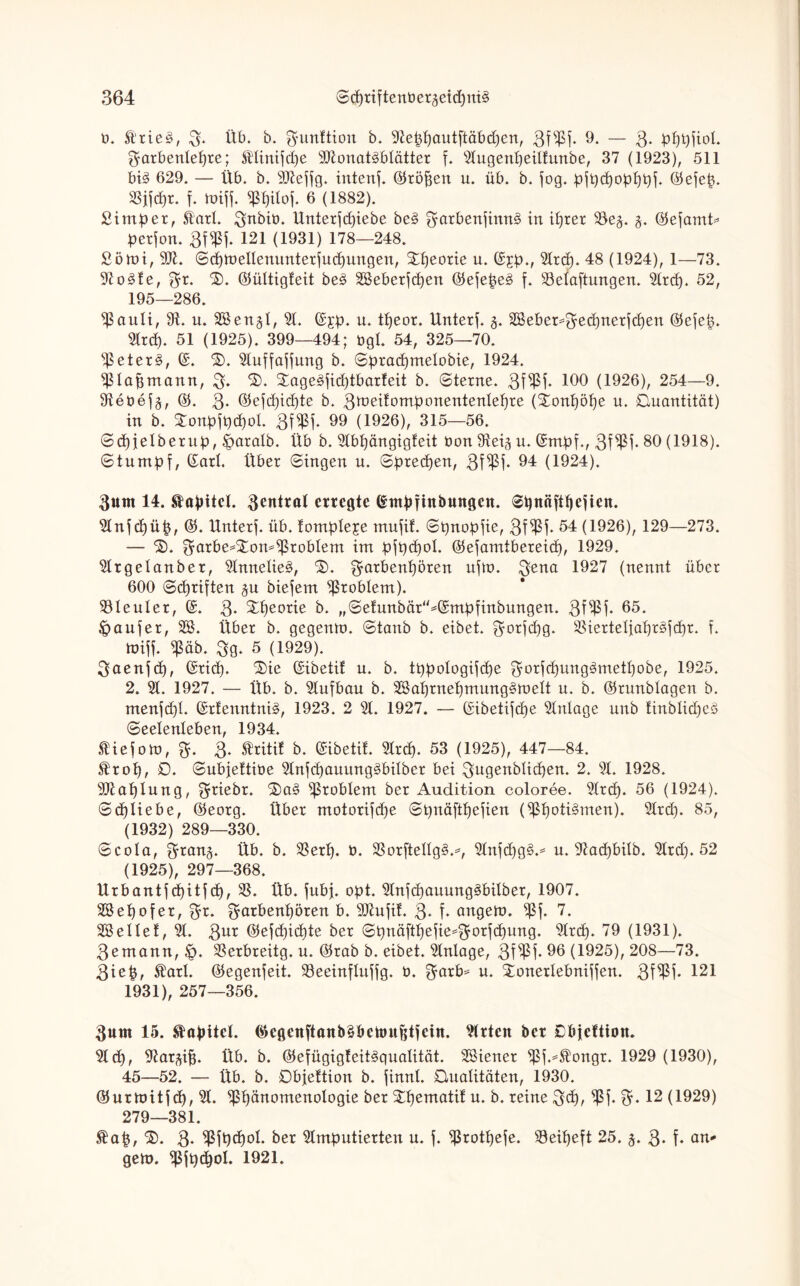 6. ft'rieä, 3* Üb. b. Munition b. Keppaut[täbd)en, 3is$i* 9. — 3- Pppfiol. 3atbenlepte; E'Iinifdje SKonat^btätter f. 2tugenpeitfunbe, 37 (1923), 511 bi§ 629. — Üb. b. SKeffg. intenf. ©töfjen u. üb. b. fog. pjpcpopppf. ©efep. 23jfd)t. f. miff. ^pitoj. 6 (1882). ßirnpet, Earl. 3nt>it>. Unterjcpiebe be§ fyarben)inn^ in ibjrer 23e§. j. ©efamt* petfon. 3f$f. 121 (1931) 178—248. Sölüi, SK. ©cpmellenunterfucpungen, Slpeorie u. ©£p., 2trcp. 48 (1924), 1—73. Ko3te, 3r* ®* ©üttigteit be§ Sßeberfcpen ©ejepeä f. 23etaftungen. 3irc6. 52, 195—286. ißauli, 91. u. 2Ben§t, 91. ©£p. u. tpeor. Unterf. 3. 2Bebet*3e4)netfcpen ©efep. 2ltcp. 51 (1925). 399—494; tigt. 54, 325—70. ^etet§, ©. £>. Stuffaffung b. ©prad)melobie, 1924. Sßtapmann, 3* 2). £age§fid)tbarteit b. ©terne. 3f$f- 100 (1926), 254—9. 91et>ef§, 0). 3. ©efd)id)te b. 3toeüomponententepre (Sonpöpe u. Quantität) in b. STonpfpcpot. 3f$f. 99 (1926), 315—56. ©d)j;elberup, £>aralb. Üb b. 3tbb)ängigfeit Don Stei^ u. ©mpf., 3f^f* 80 (1918). 6 tu mp t, ©art. Über ©ingen u. ©precpen, 3f$f* 94 (1924). ftttrn 14. Kapitel. ftentral erregte ©tnpjinbttngett. ©pnäftpejien. 2tnfd)üp, ©. llnterf. üb. tompleje mujit. ©pnopjie, 3f54 (1926), 129—273. — £>. 3m:be^om$robtem im pfpcpot. ©efamtbereicp, 1929. 2tr getanbet, 2tnnetie§, $). 3m;benpören uftt>. 3ena 1927 (nennt über 600 ©djriften biefem Problem). Bleuler, ©. 3- £peotie b. ,,©etunbär“*©mpfinbungen. 3f$f* 65. Raufer, 2$. Über b. gegenm. ©taub b. eibet. 3°rfcpg. 23iertetjapr§jd)r. f. toiff. $äb. 3g. 5 (1929). 3aenjcp, ©ticp. 3)ie ©ibetil u. b. tppotogiftpe 3orftf)ung<ünetpobe, 1925. 2. 21. 1927. — Üb. b. 2lufbau b. 28aptnepmung§melt n. b. ©runblagen b. menjd)t. ©rfenntni§, 1923. 2 2t. 1927. — ©ibetifcpe 2tntage unb finbticpeö ©eetenteben, 1934. tiefolü, 3. 3. triti! b. ©ibetif. 2trcp. 53 (1925), 447—84. £rop, 0. ©ubjeftiüe 2lnfd)auitng3bilber bei 3^9enbtid)en. 2. 21. 1928. SKaplung, 3riebr. Problem ber Audition coloree. 2trcp. 56 (1924). ©cptiebe, ©eotg. Über motorifdje ©pnäftpefien (Sßpoti§men). 2lrd). 85, (1932) 289—330. ©cola, 3ra^5- Üb. b. 21erp. t). SBorftettg^, 2tnjd}g^.^ u. Kacpbitb. 2trd). 52 (1925), 297—368. ttrbantfd)itf d), $8. Üb. fubj. opt. 2tnfd)auung3bilber, 1907. SBepofer, 3t* 3atbenpören b. 2Jhtfit. 3* f* angeln. $f. 7. 28eitet, 2t. 3ur ©efd)id)te ber ©pnäftpefie=3oritf)un9* 2trd). 79 (1931). 3emann, £>. 2Serbreitg. u. ©tab b. eibet. 2tnlage, 3t^f- 96 (1925), 208—73. 3iep, SXatl. ©egenfeit. 23eeinftuffg. t>. 3^rb^ u. ^onertebniffen. 3W* 121 1931), 257—356. 3«m 15. Kapitel. ©egenftanb^bcnrnfttfetn. 2trten ber Objefttoit. 2t cf), Kat^ip. Üb. b. ©efügigteiBqualitöt. SSienet ißf.^ongr. 1929 (1930), 45—52. — Üb. b. Objeftion b. finnt. 0natitäten, 1930. ©urmitfcp, 2t. ißpänomenologie ber ^pematif u. b. reine 34), 3* 12 (1929) 279—381. $ap, ®. 3* ^fpcpot. ber 2tmputierten u. ißrotpefe. iöeipeft 25. 5. 3* f* an* gern, ißipdpot. 1921.