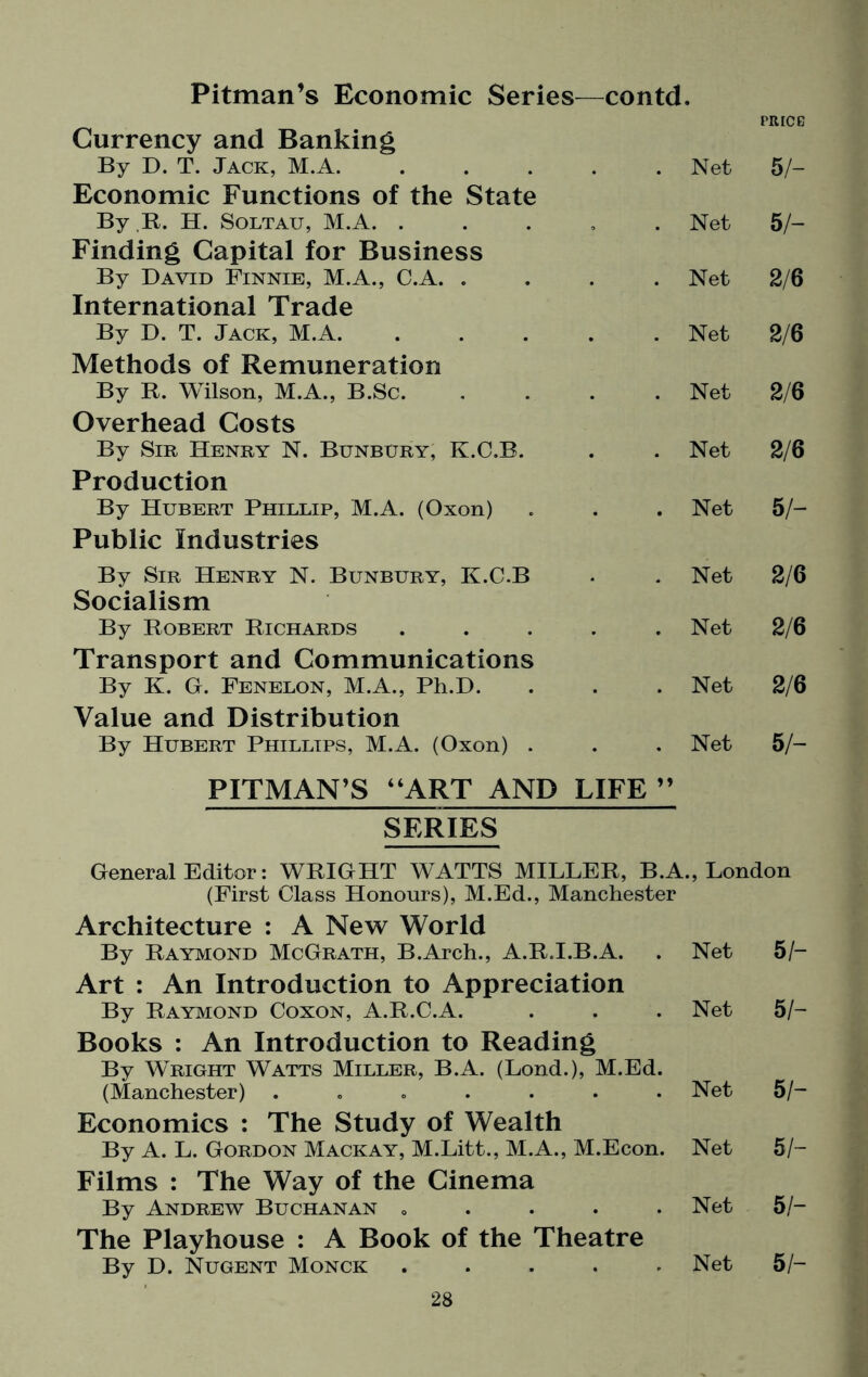 Pitman’s Economic Series—contd. Currency and Banking PRICE By D. T. Jack, M.A. Economic Functions of the State Net 5/- By R. H. Soltau, M.A. . Finding Capital for Business • Net 5/- By David Finnie, M.A., C.A. . International Trade Net 2/6 By D. T. Jack, M.A. Methods of Remuneration • Net 2/6 By R. Wilson, M.A., B.Sc. Overhead Costs ♦ Net 2/6 By Sir Henry N. Bunbury, K.C.B. Production •. Net 2/6 By Hubert Phillip, M.A. (Oxon) Public Industries • Net 5 /- By Sir Henry N. Bunbury, K.C.B Socialism * Net 2/6 By Robert Richards Transport and Communications ♦ Net 2/6 By K. G. Fenelon, M.A., Ph.D. Value and Distribution • Net 2/6 By Hubert Phillips, M.A. (Oxon) . PITMAN’S “ART AND LIFE ” Net 5 /- SERIES General Editor: WRIGHT WATTS MILLER, B.A., London (First Class Honours), M.Ed., Manchester Architecture : A New World By Raymond McGrath, B.Arch., A.R.I.B.A. Net 5/- Art : An Introduction to Appreciation By Raymond Coxon, A.R.C.A. Net 5/- Books : An Introduction to Reading By Wright Watts Miller, B.A. (Lond.), M.Ed. (Manchester) ....... Net 5/- Economics : The Study of Wealth By A. L. Gordon Mackay, M.Litt., M.A., M.Econ. Net 5/- Films : The Way of the Cinema By Andrew Buchanan „ Net 51- The Playhouse : A Book of the Theatre By D. Nugent Monck ..... Net 51-