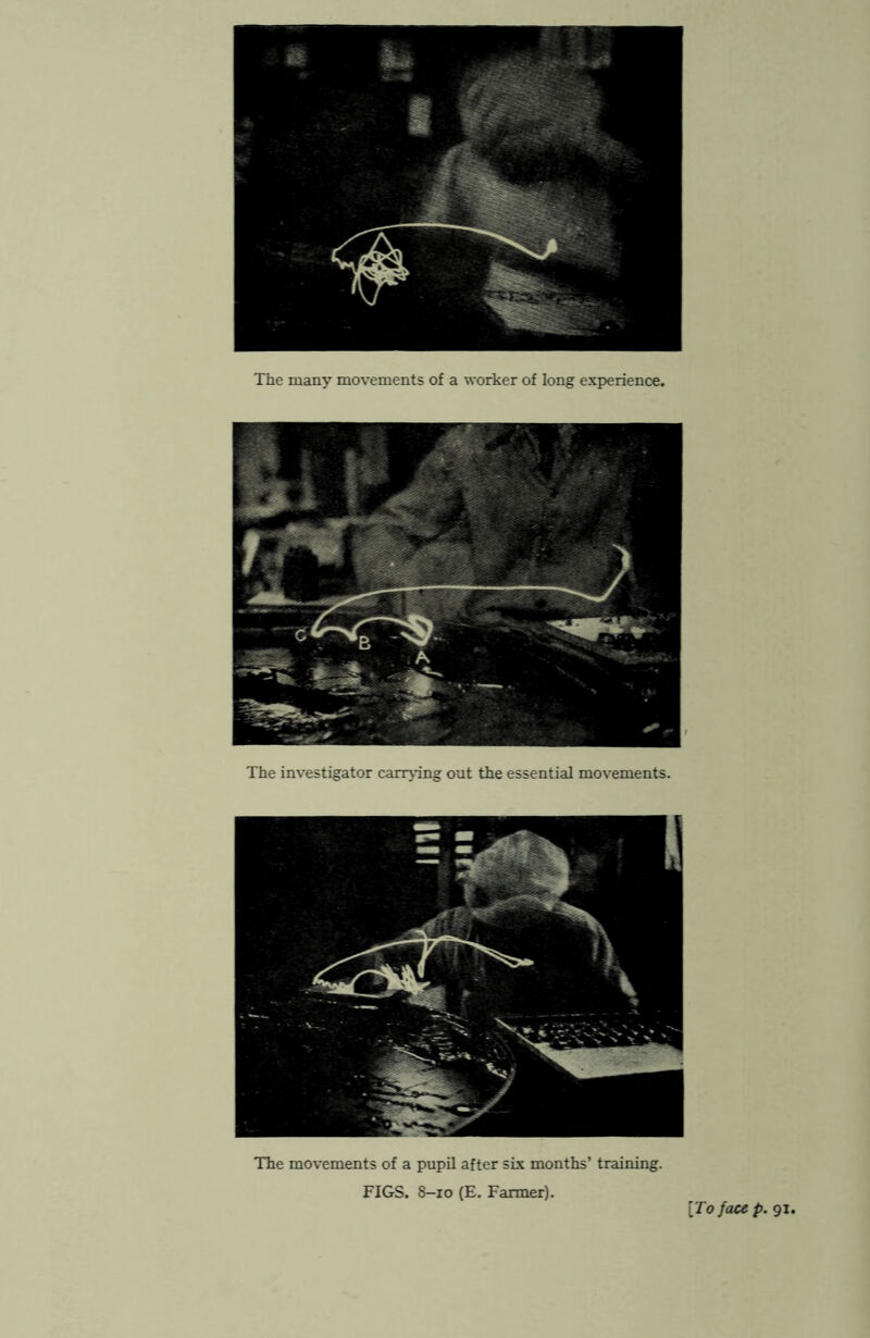 The many movements of a worker of long experience. The investigator carrying out the essential movements. The movements of a pupil after six months’ training. FIGS. 8-10 (E. Farmer). [To face p. 91,