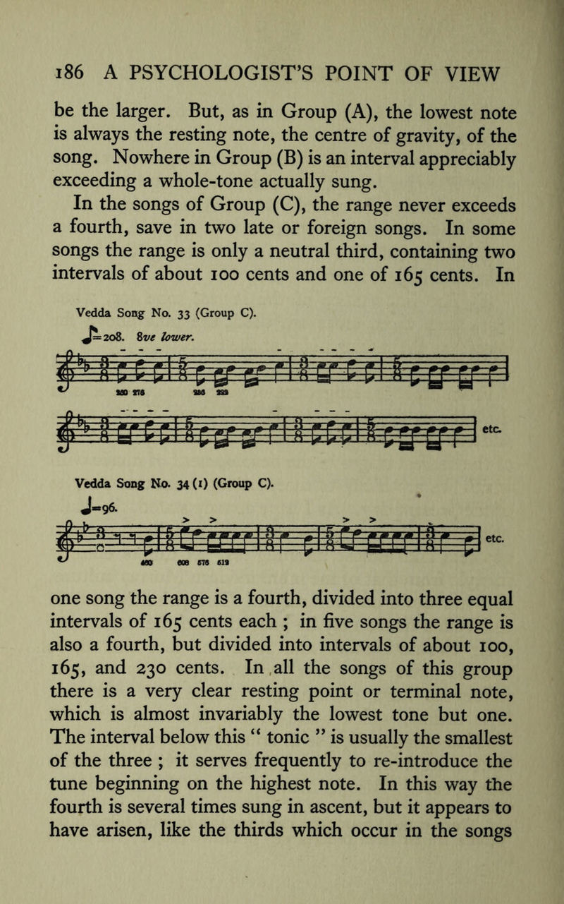 be the larger. But, as in Group (A), the lowest note is always the resting note, the centre of gravity, of the song. Nowhere in Group (B) is an interval appreciably exceeding a whole-tone actually sung. In the songs of Group (C), the range never exceeds a fourth, save in two late or foreign songs. In some songs the range is only a neutral third, containing two intervals of about ioo cents and one of 165 cents. In Vedda Song No. 33 (Group C). J^=2o8. Sve lower. f\ . — - — - - — - ** V 100 *T# SM ssa etc. Vedda Song No. 34 (0 (Group C). one song the range is a fourth, divided into three equal intervals of 165 cents each ; in five songs the range is also a fourth, but divided into intervals of about 100, 165, and 230 cents. In all the songs of this group there is a very clear resting point or terminal note, which is almost invariably the lowest tone but one. The interval below this “ tonic ” is usually the smallest of the three ; it serves frequently to re-introduce the tune beginning on the highest note. In this way the fourth is several times sung in ascent, but it appears to have arisen, like the thirds which occur in the songs